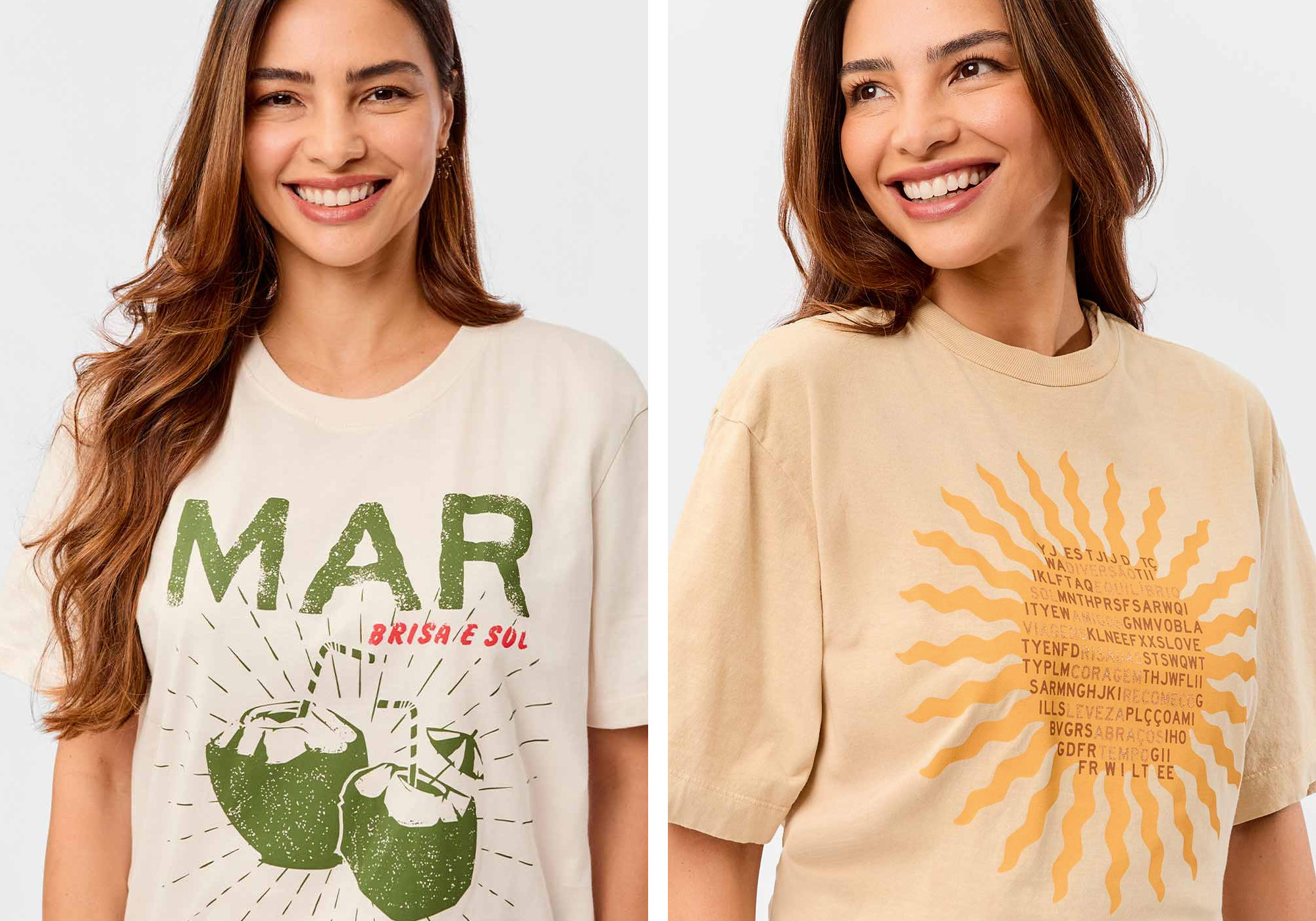 Modelo usando camisetas estampadas com tema de verão