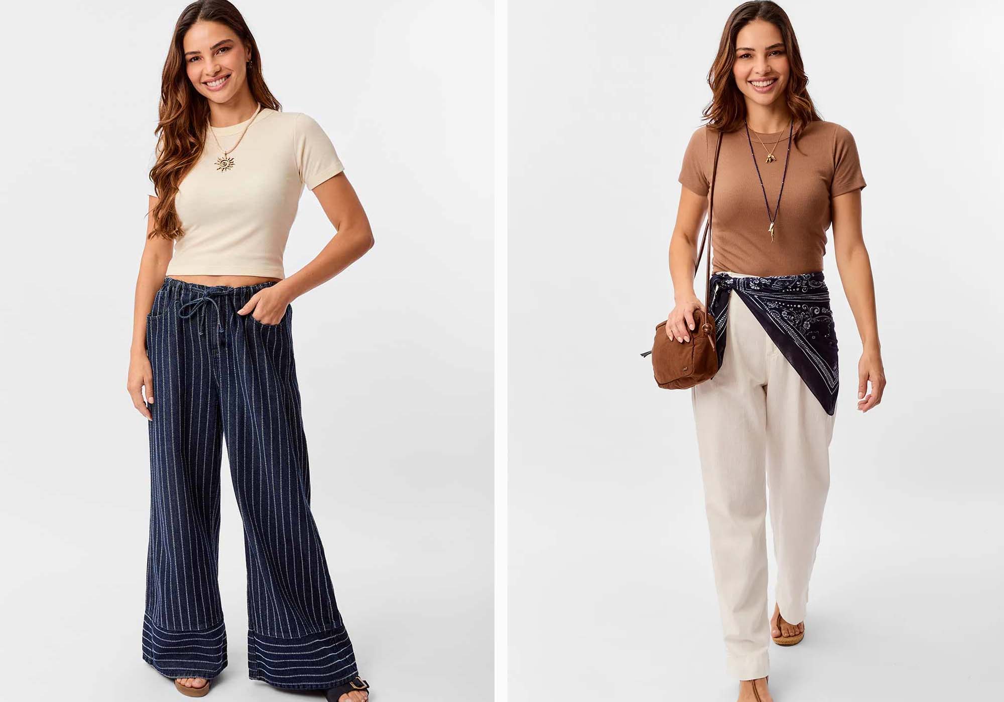 Duas mulheres com looks casuais e estilosos.