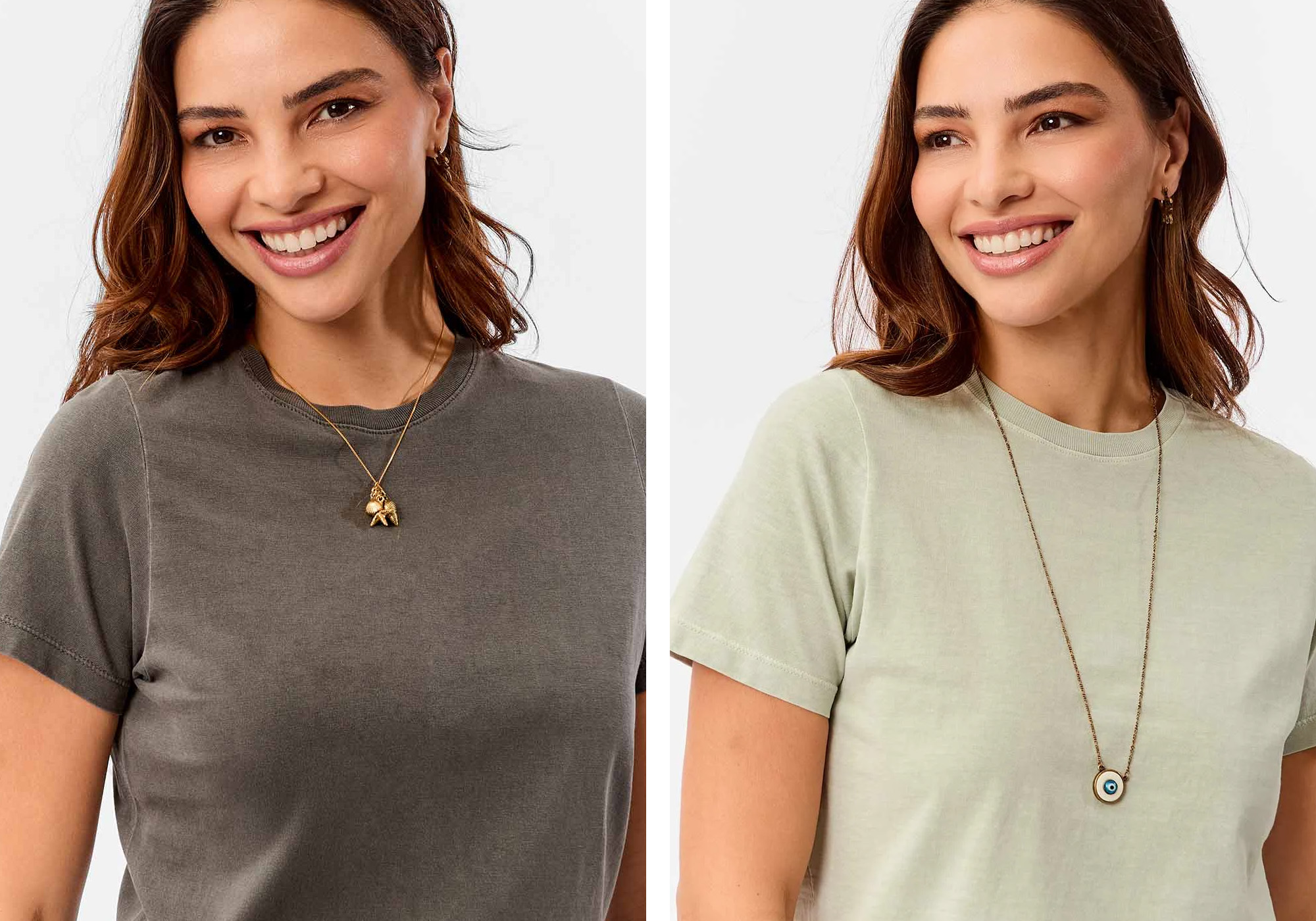 Modelo usando camisetas em cores neutras e acessórios