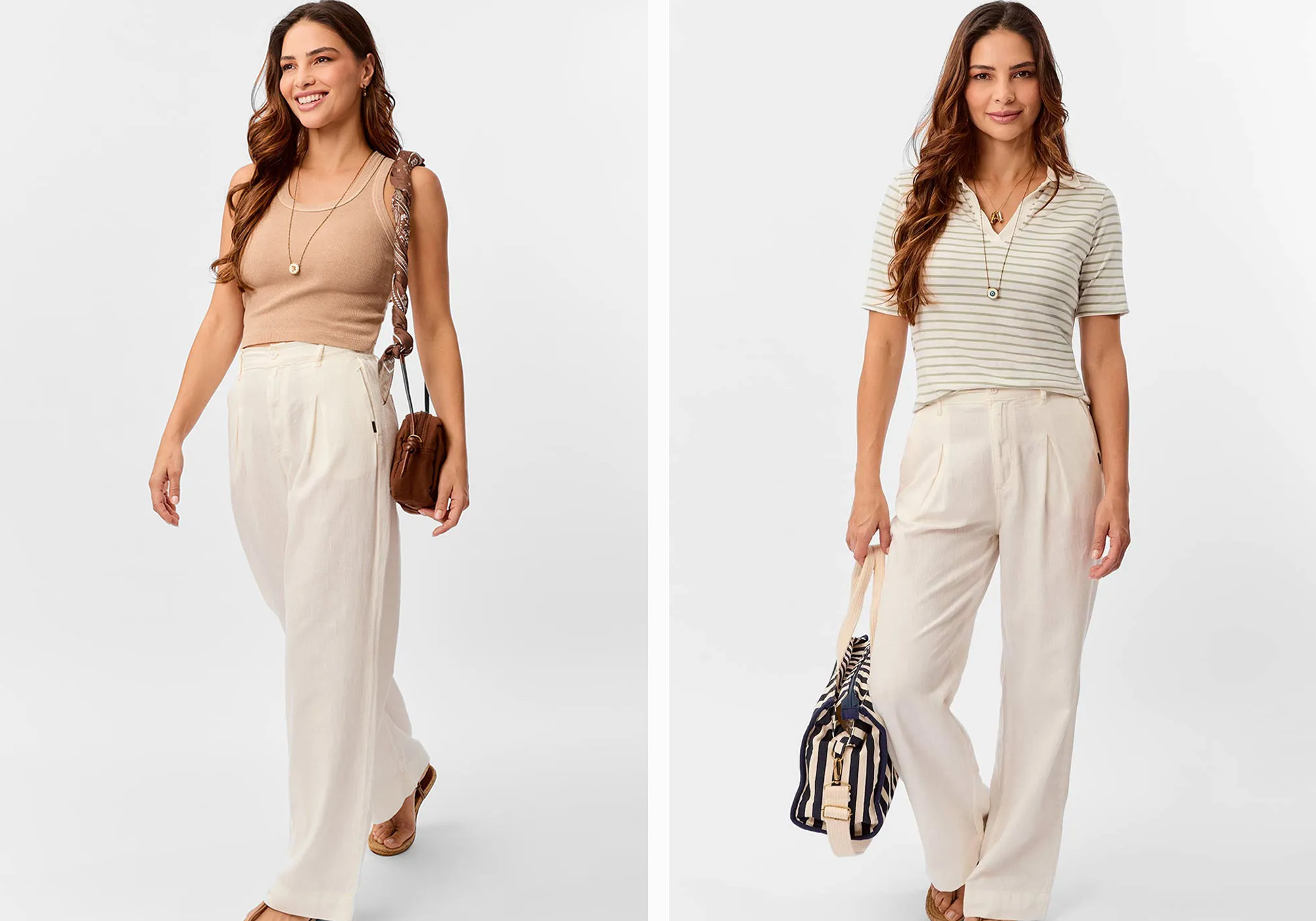 Mulher usando calça clara com blusas estilosas