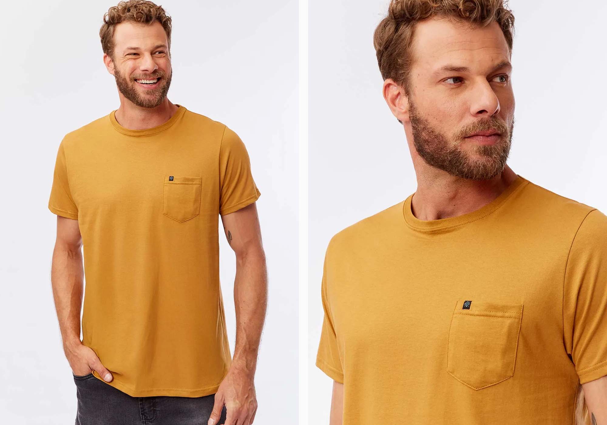 Camiseta masculina amarela com bolso frontal