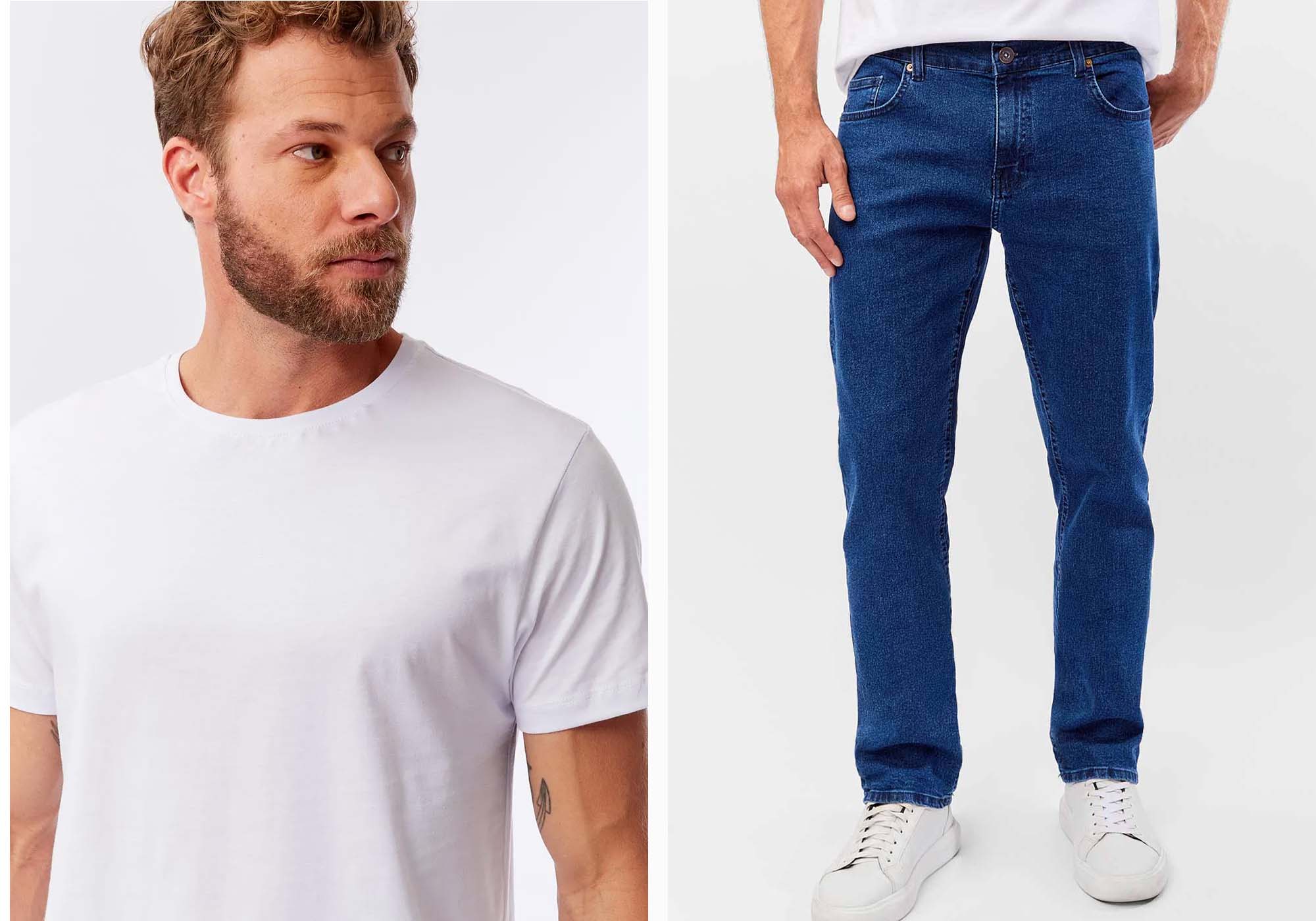 Homem usando camiseta branca e calça jeans azul