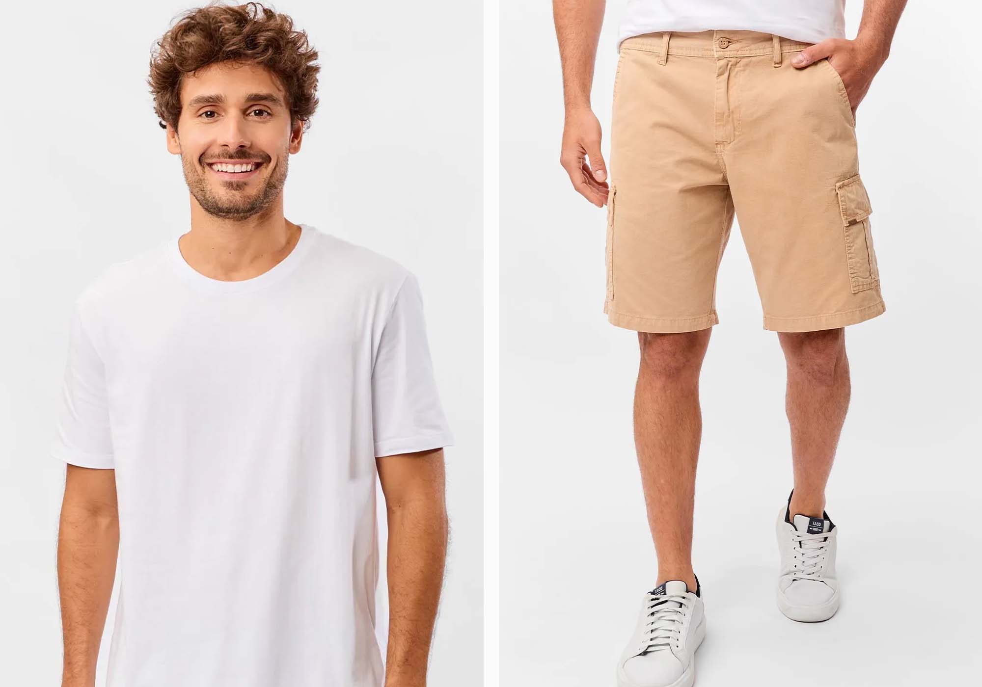 Homem com camiseta branca e shorts bege