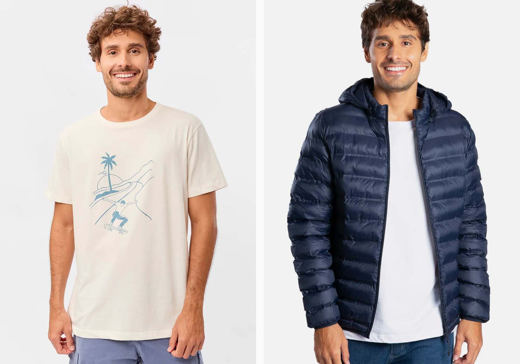 Dois homens usando camisetas e camisas casuais.