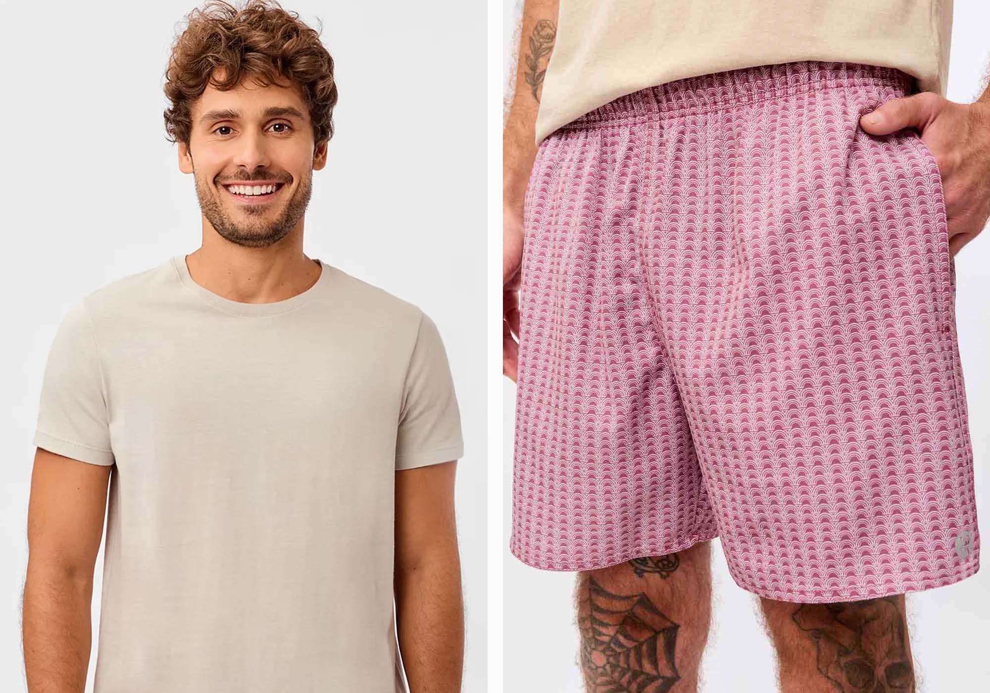 Homem sorrindo com camiseta e shorts de pijama