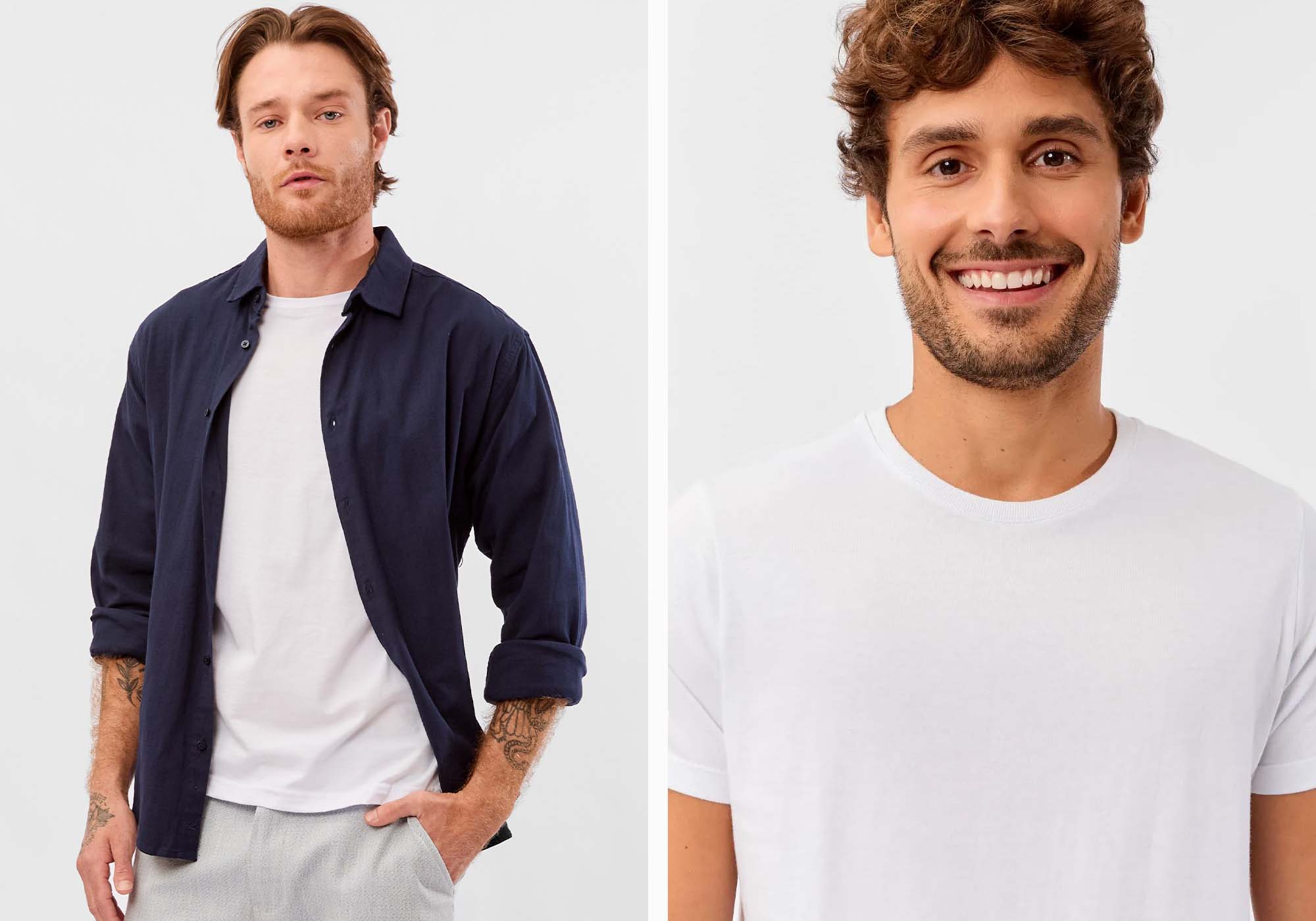 Dois homens usando camisetas e camisas casuais.