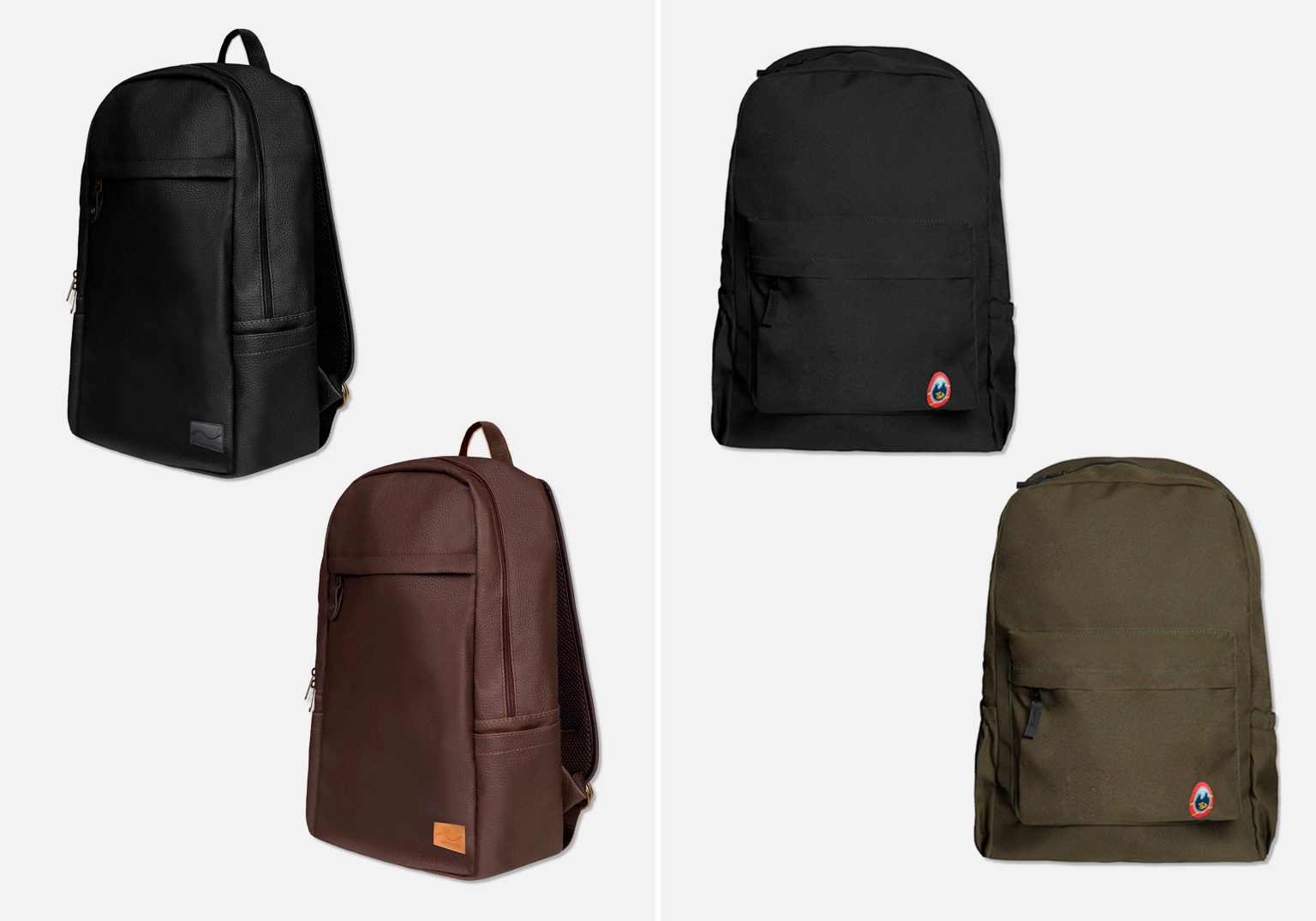 Mochilas variadas em preto, marrom e verde.