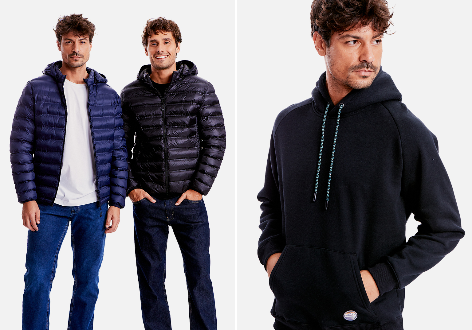 Dois homens usando jaquetas de inverno estilosas.