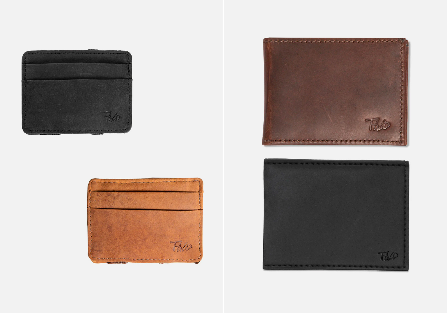 Conjunto de carteiras de couro em diferentes cores.