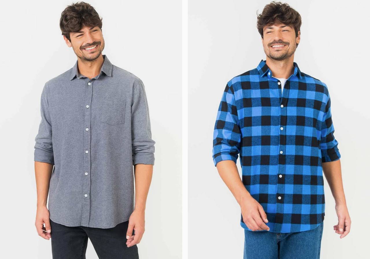 homem com camisa cinza de botões e camisa xadrez azul