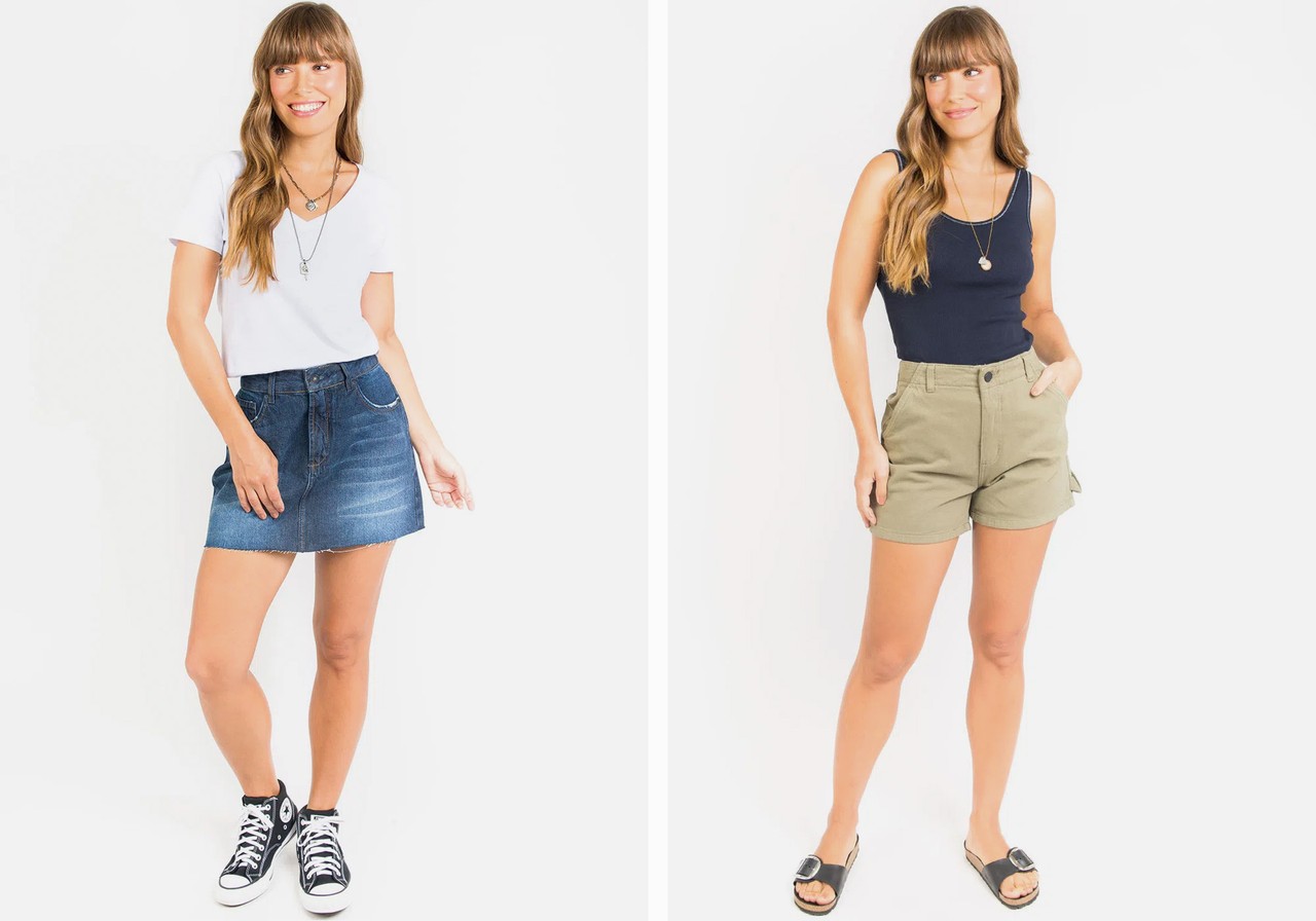 mulher com shorts curtos jeans e t-shirts