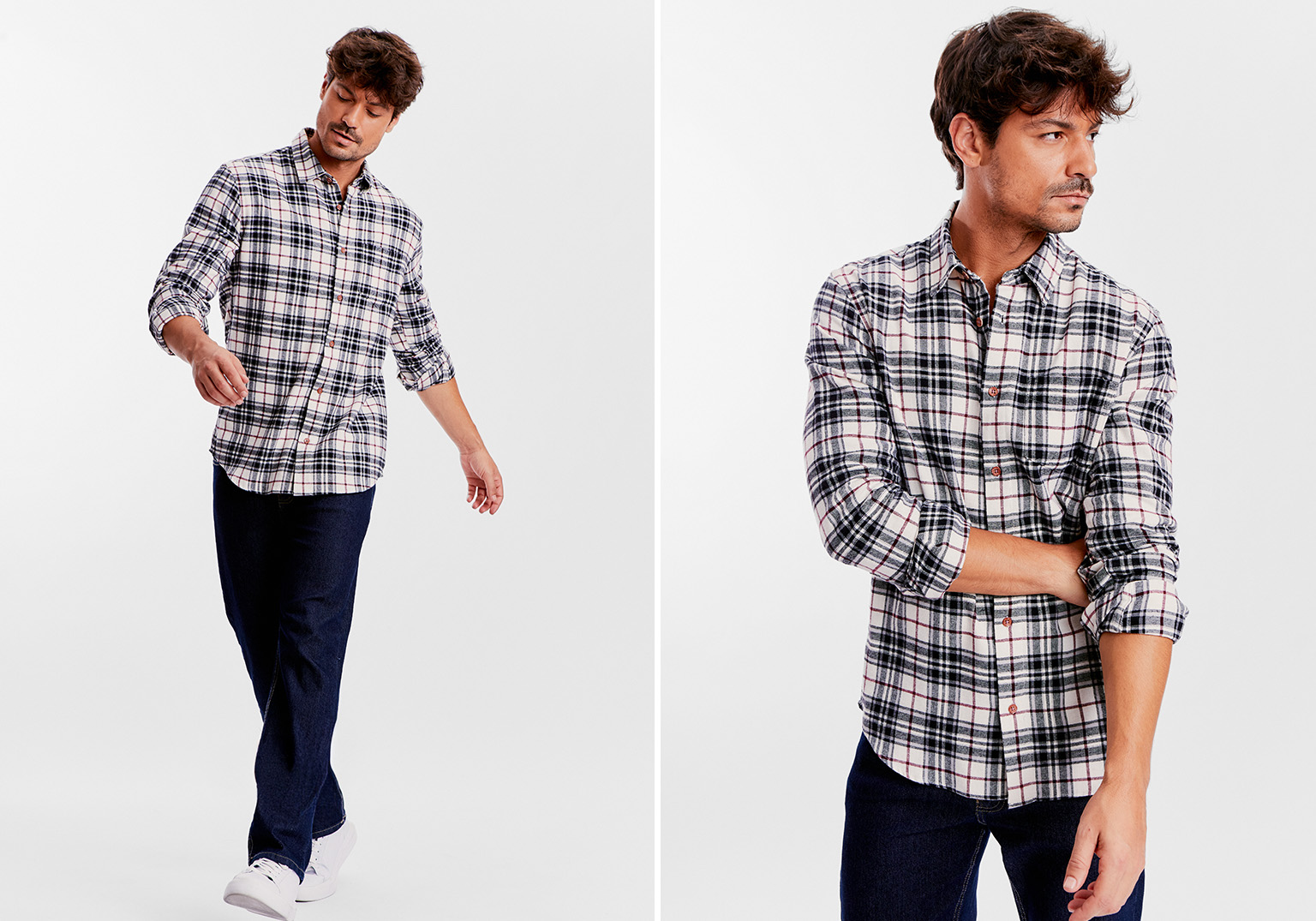 Homem usando camisa xadrez em fundo neutro