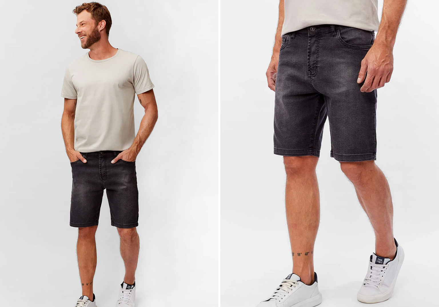 Homem usando camiseta e bermuda escura