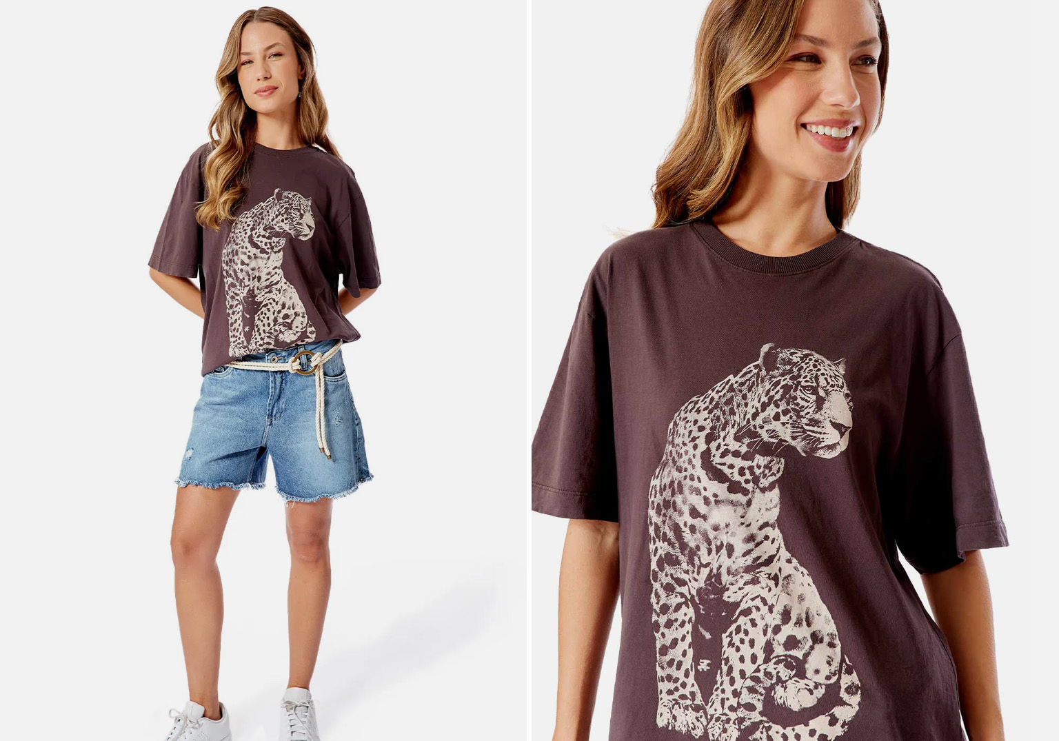 Modelo usando camiseta com estampa de onça