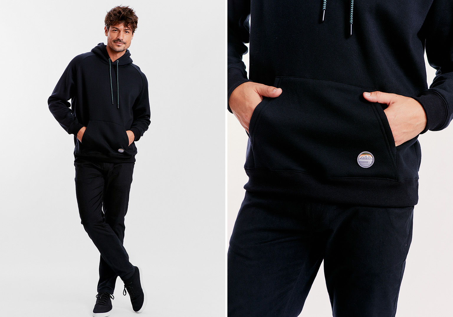 Homem usando moletom preto com capuz e bolso frontal.