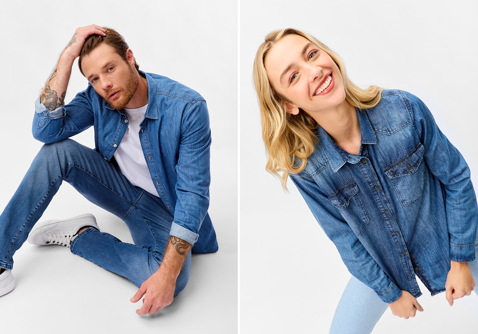 Homem e mulher usando roupas de denim estilizadas