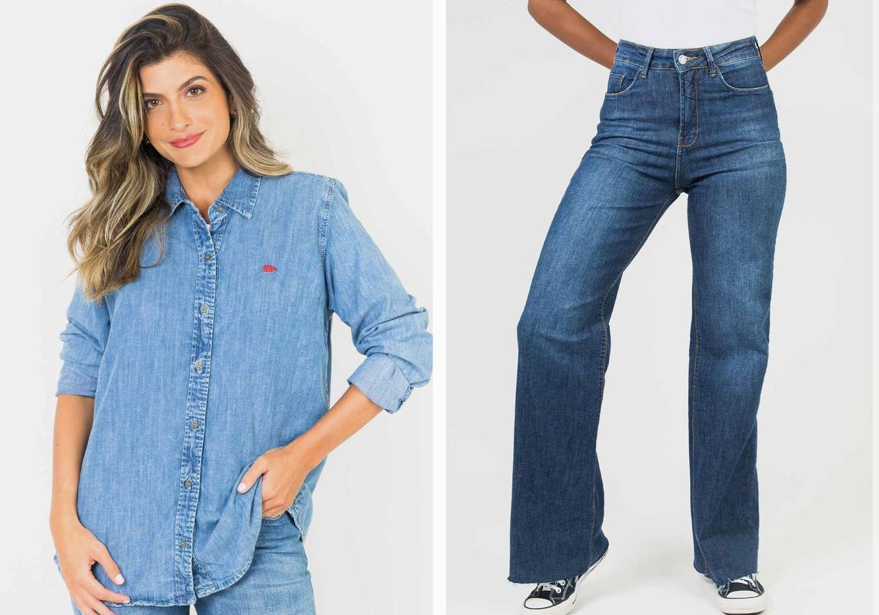 modelo com camisa jeans e calça wide leg