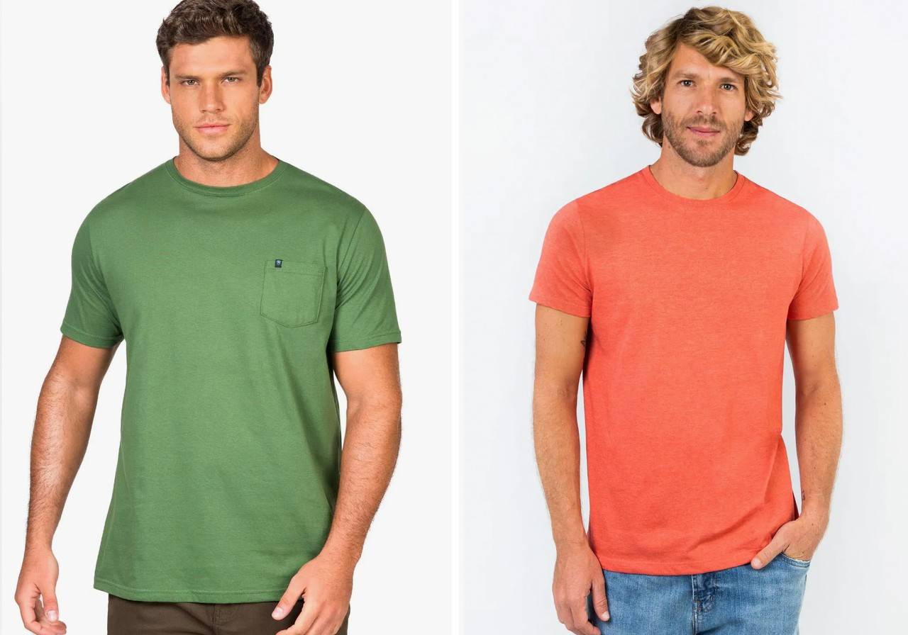 dois modelos com camisas de cores verde e salmão