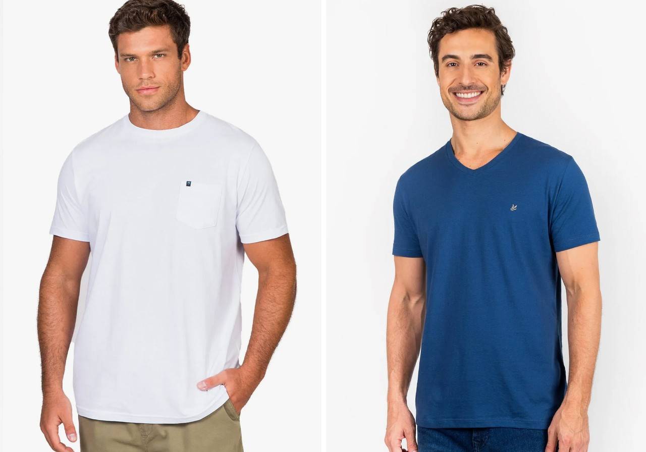 dois modelos com camiseta branca e azul escuro