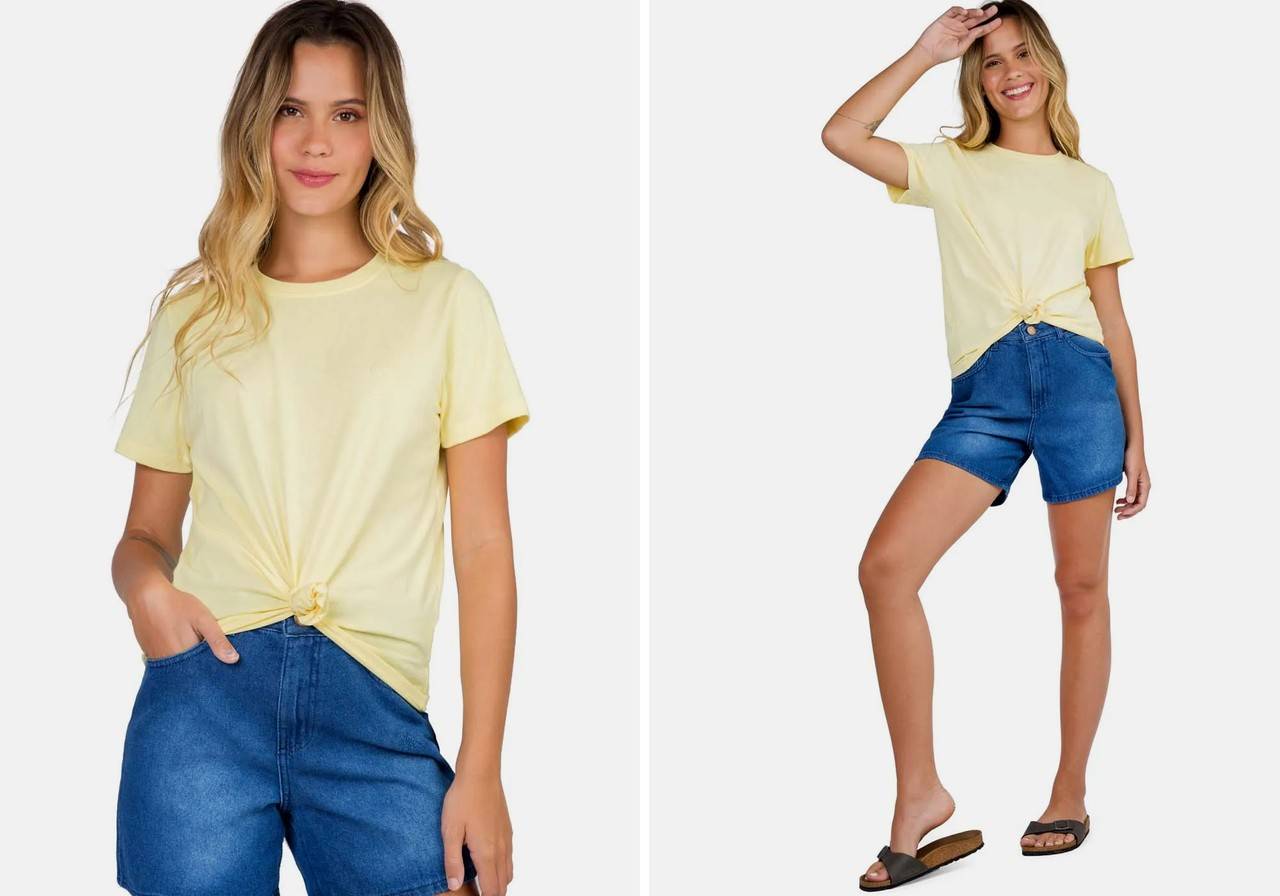 modelo com shorts jeans azul e blusa amarela