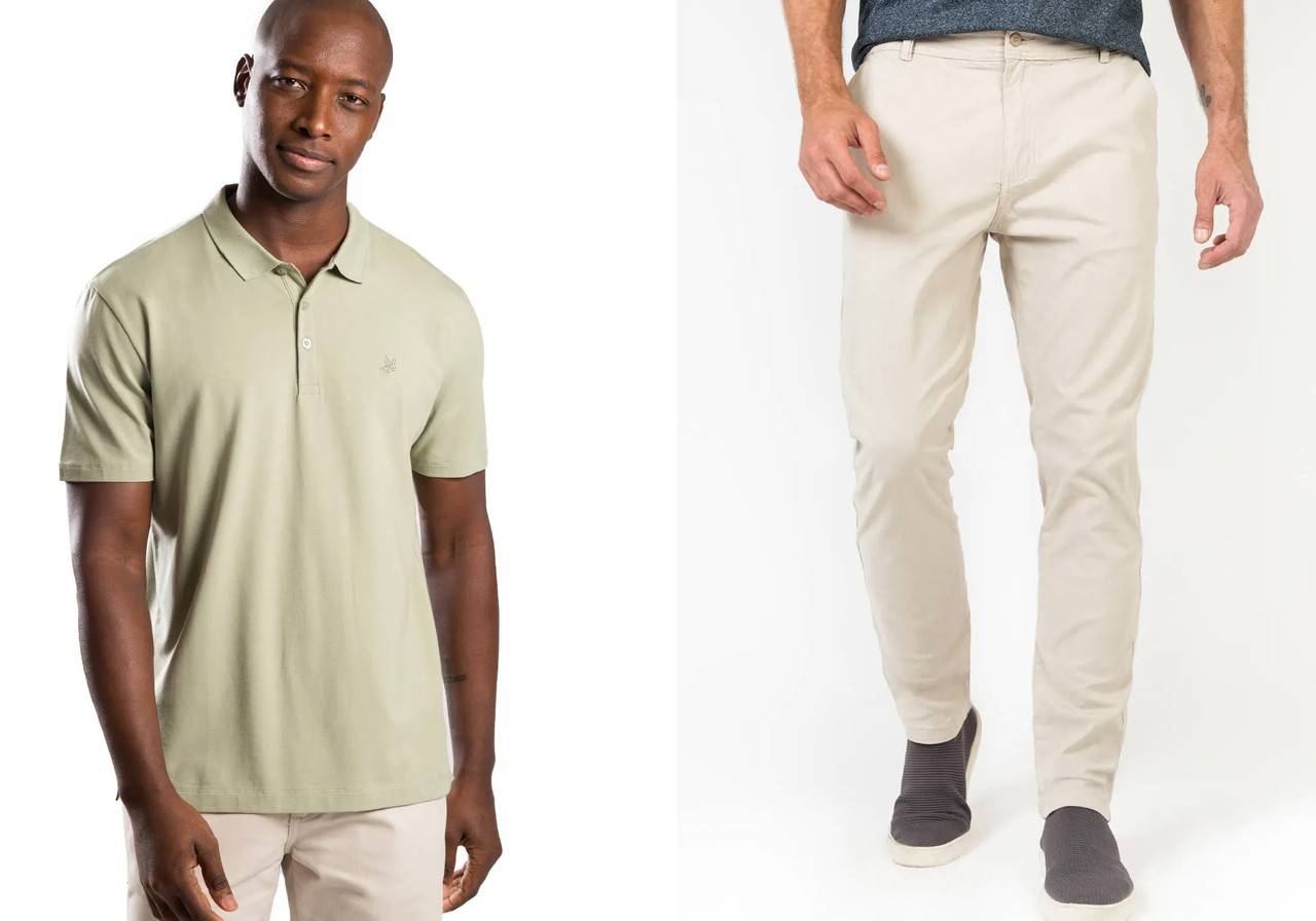 Modelo conjunto polo e calça chino brancos