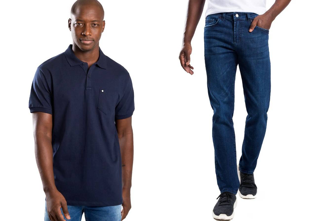 modelo vestindo conjunto de polo e jeans