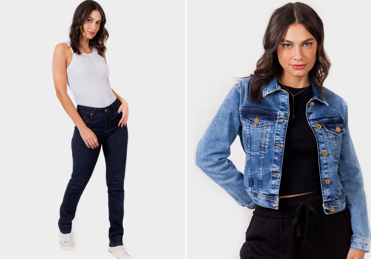 modelo feminina com regata básica em um frame e jaqueta jeans no segundo