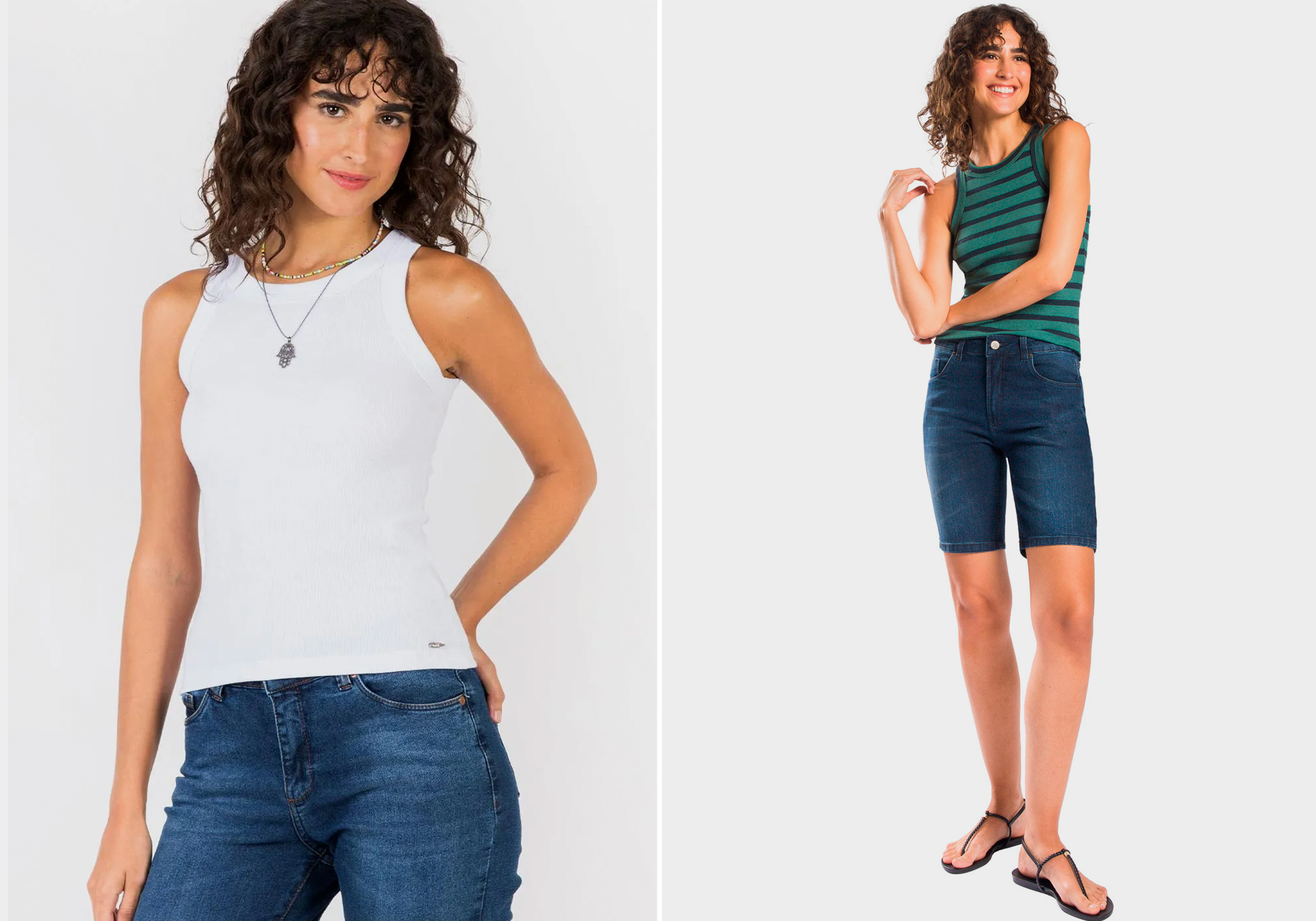 2 frames atrizes; a primeira vestindo regata e jeans e a segunda com bermuda jeans e regata listrada