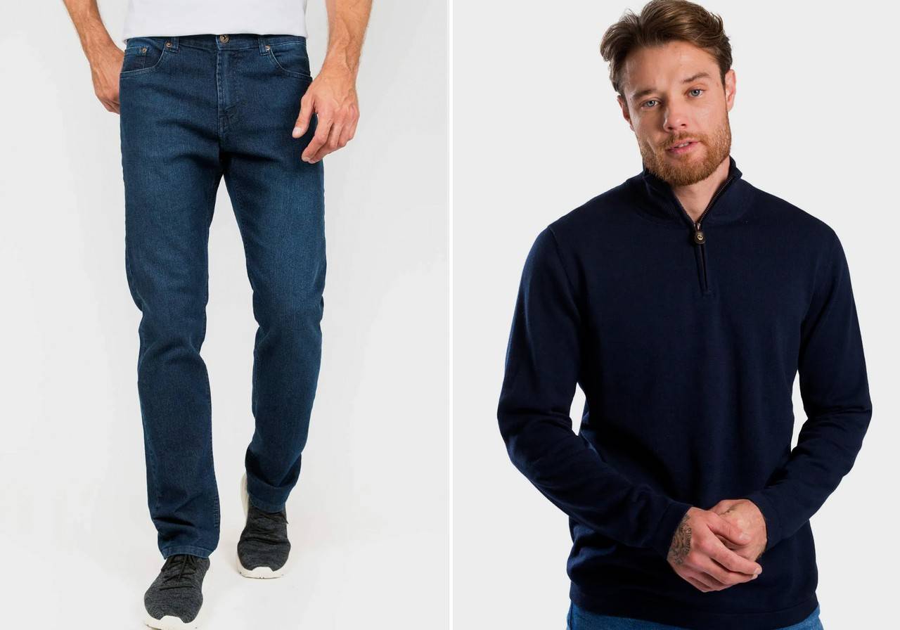 modelo masculino com jeans escura e blusa manga longa formal