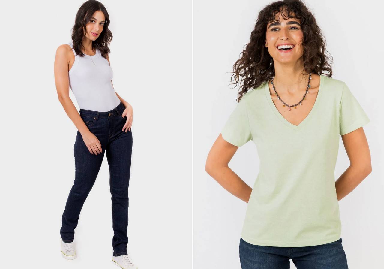 modelo feminina com jeans e blusinha básica