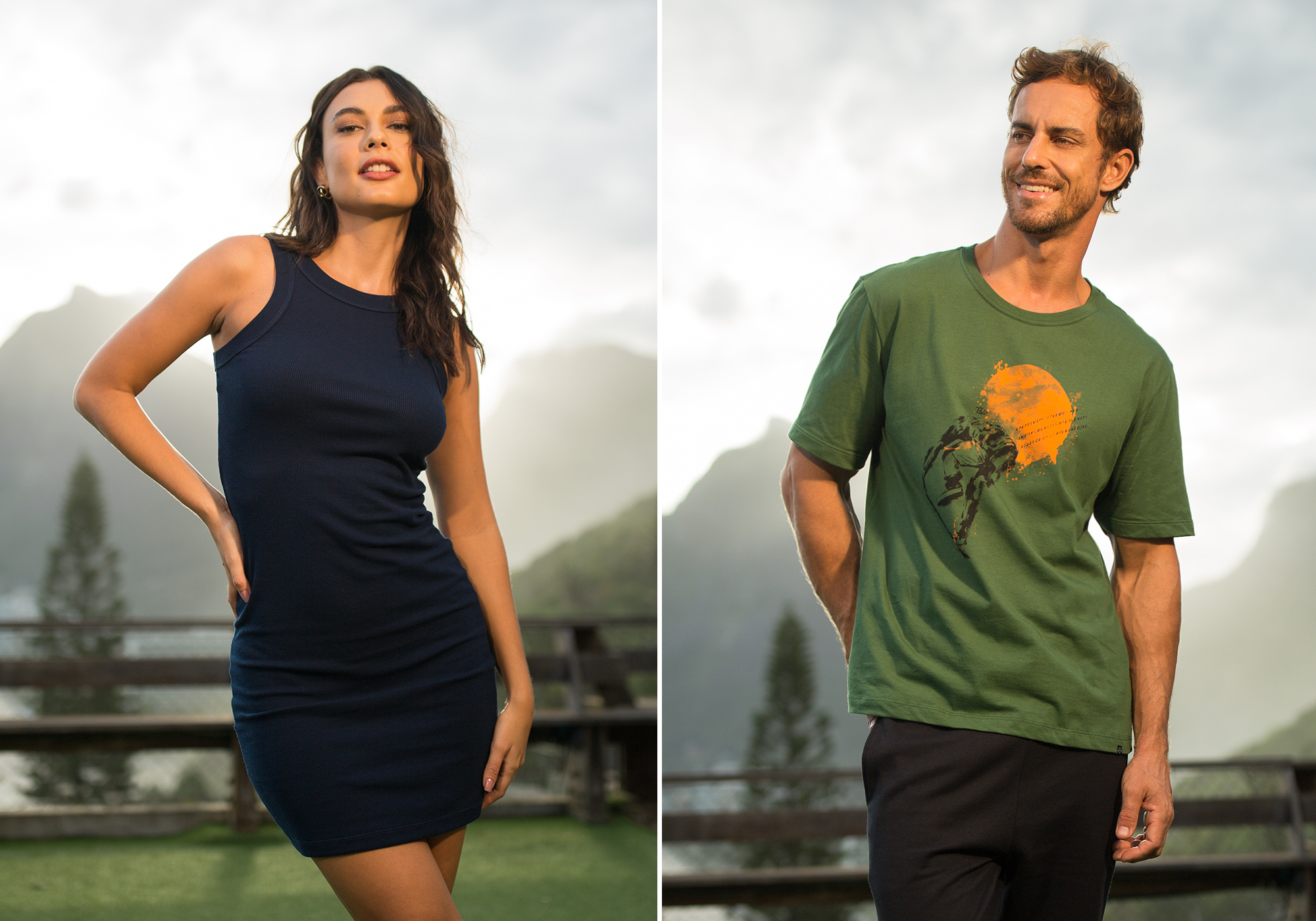 montagem com duas fotos. à direita, a modelo usa um vestido canelado curto e justo na cor preta, com gola. à direita, o modelo veste uma t-shirt verde com estampa floral ao centro da peça e bermuda cargo preta