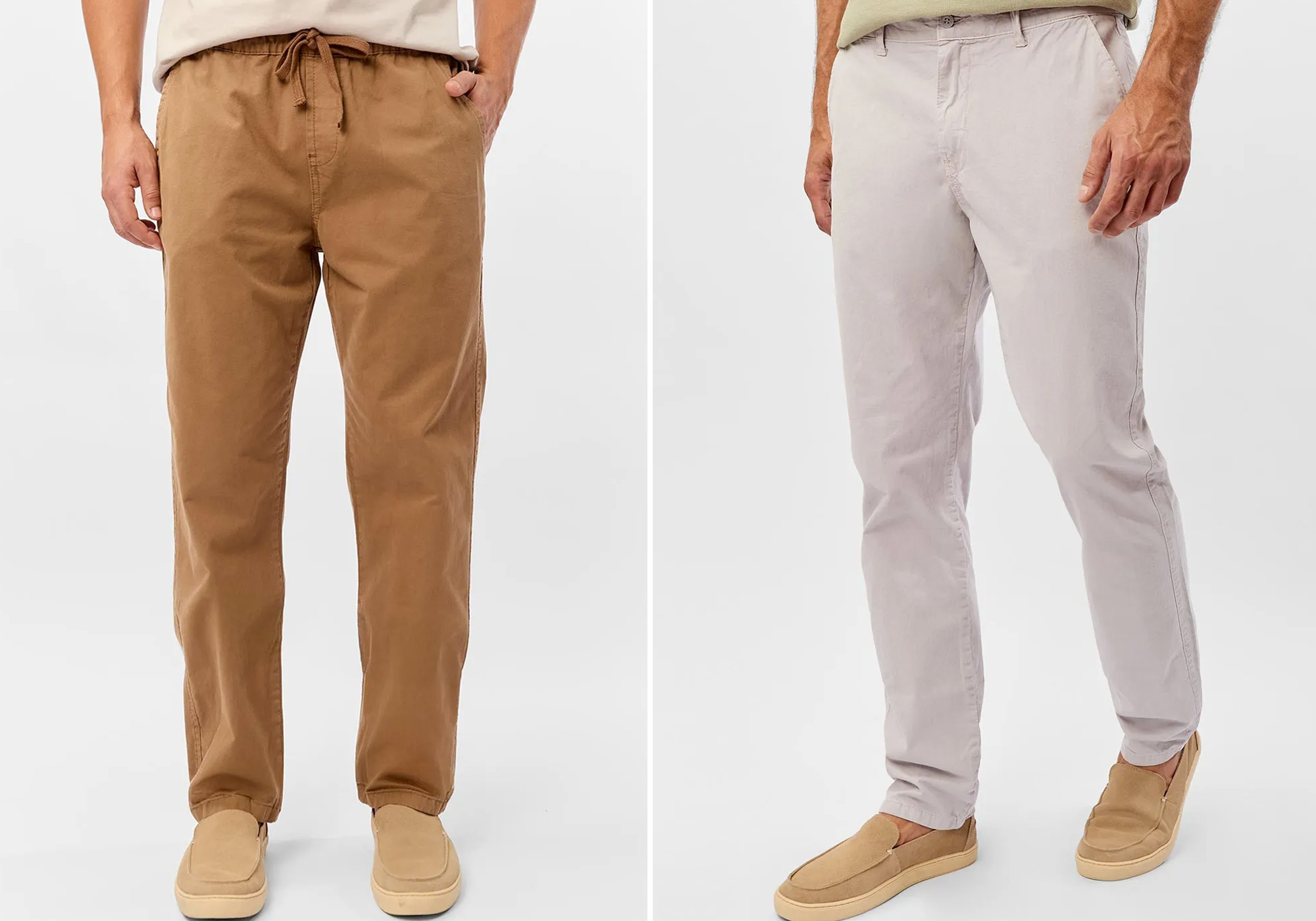Calças masculinas em tons marrons e cinzas
