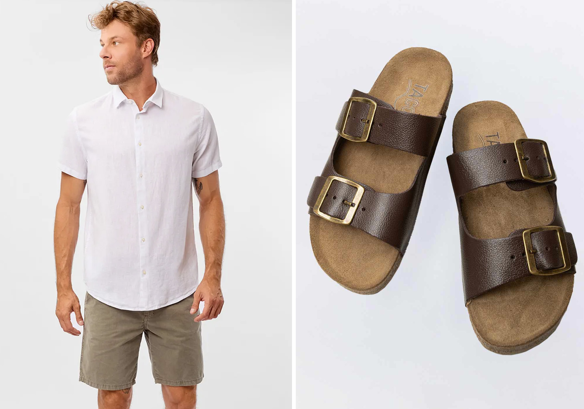 Homem com camisa branca e chinelos marrons