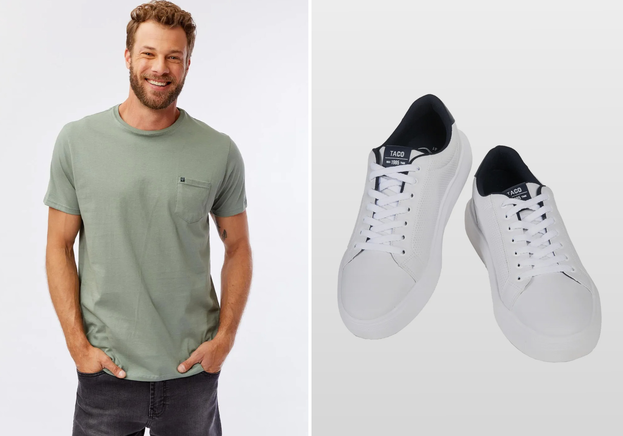 Homem sorrindo com camiseta verde e tênis brancos