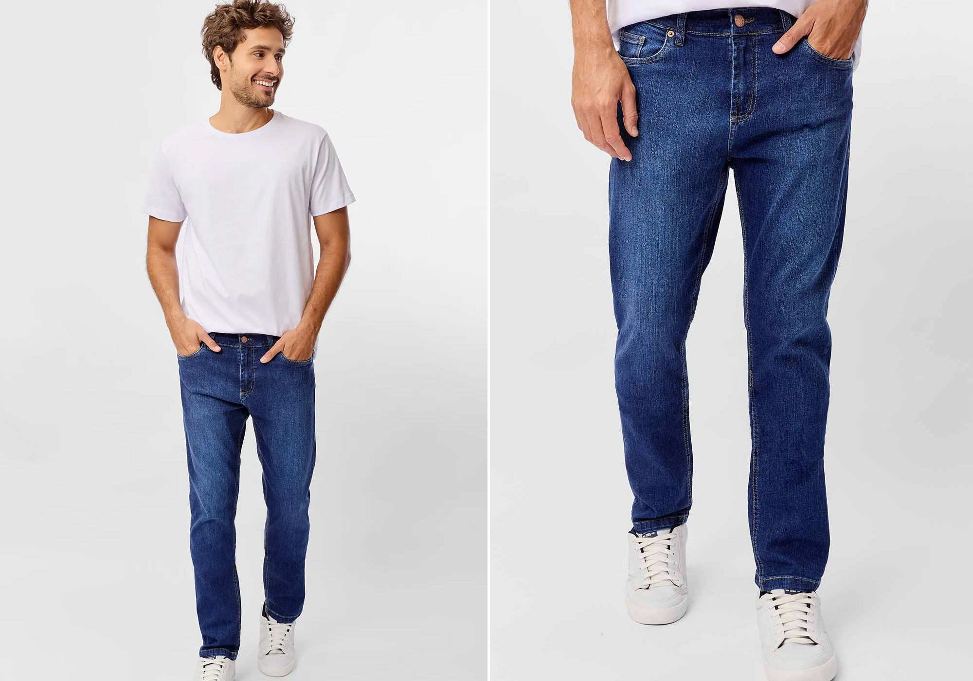 Homem sorridente usando jeans e camiseta branca.