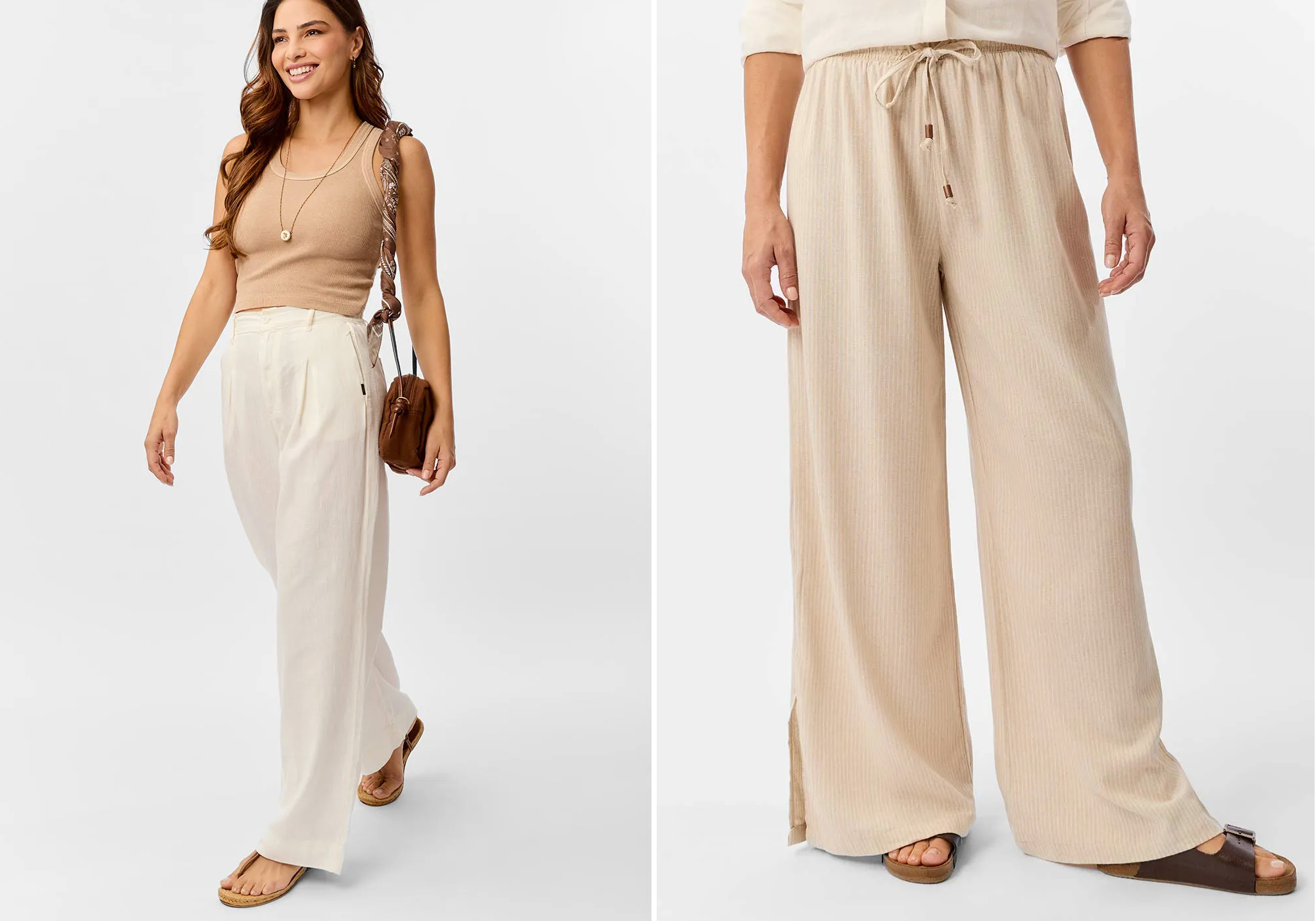 Mulher usando blusa e calça larga em tons claros