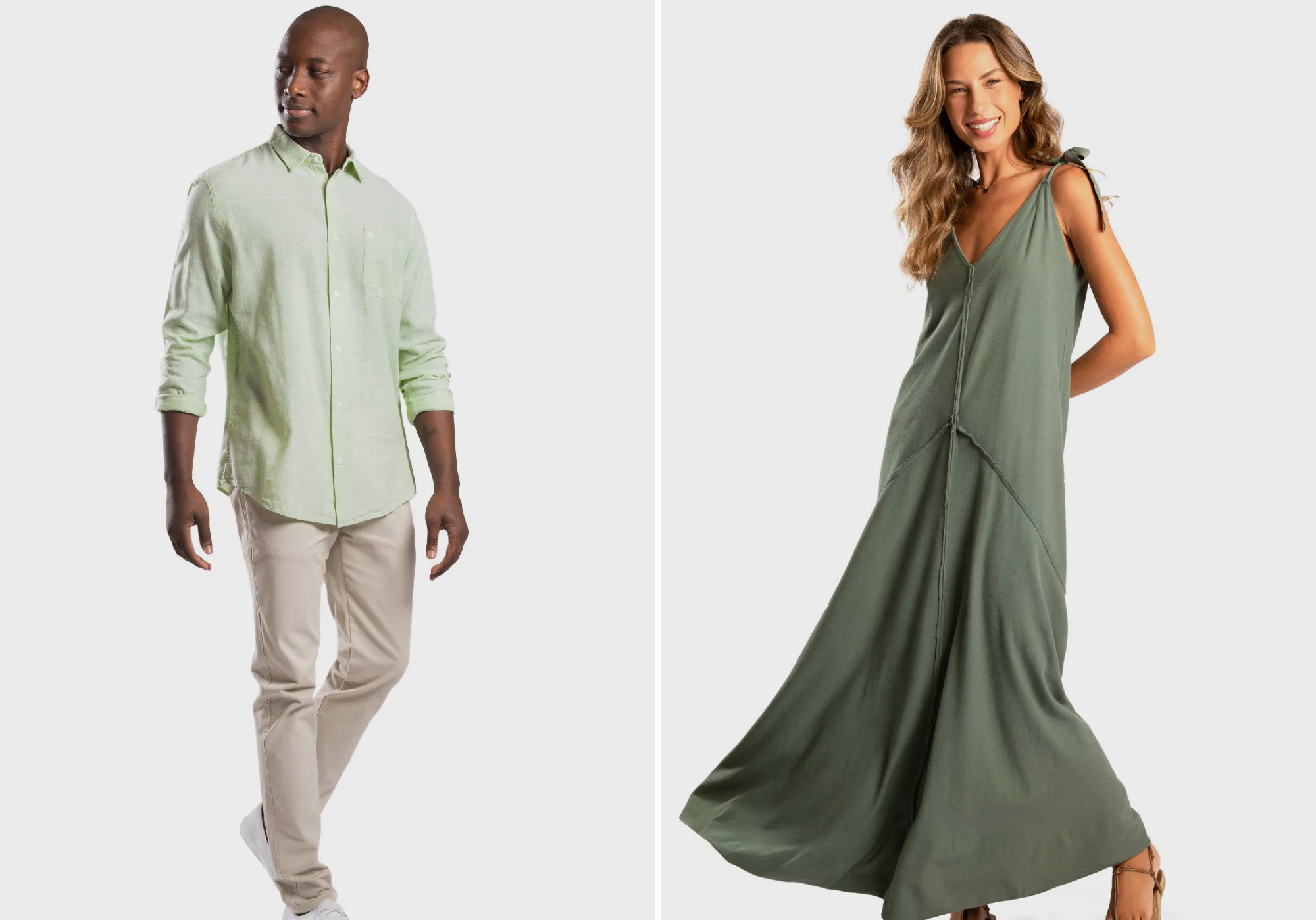 Modelo masculino com camisa verde e modelo feminino vestido verde.