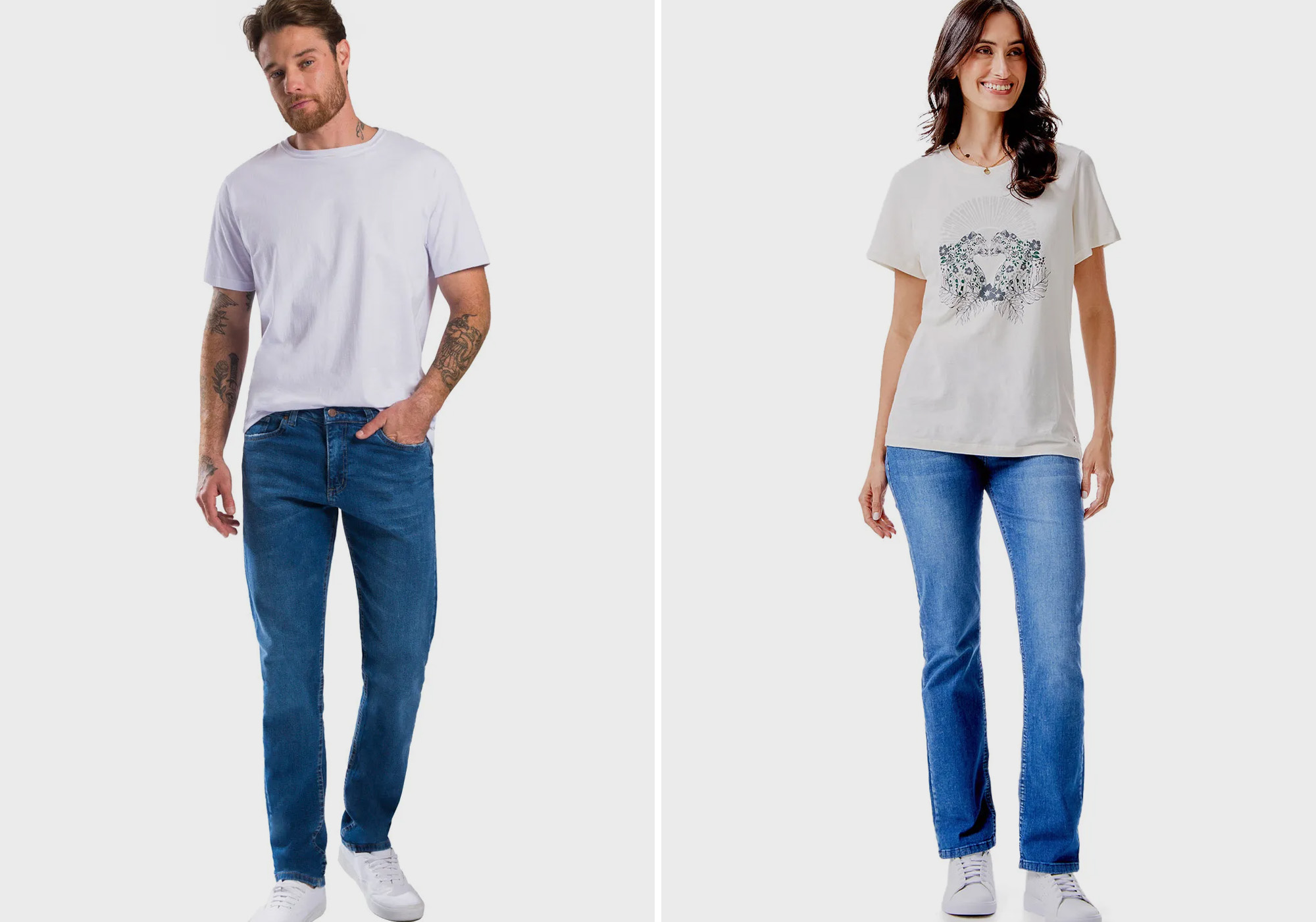 Casal vestindo camisetas e jeans estilo casual