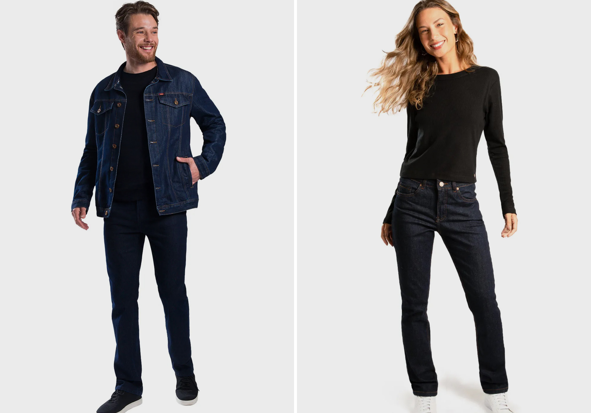 Casal posando com roupa jeans casual