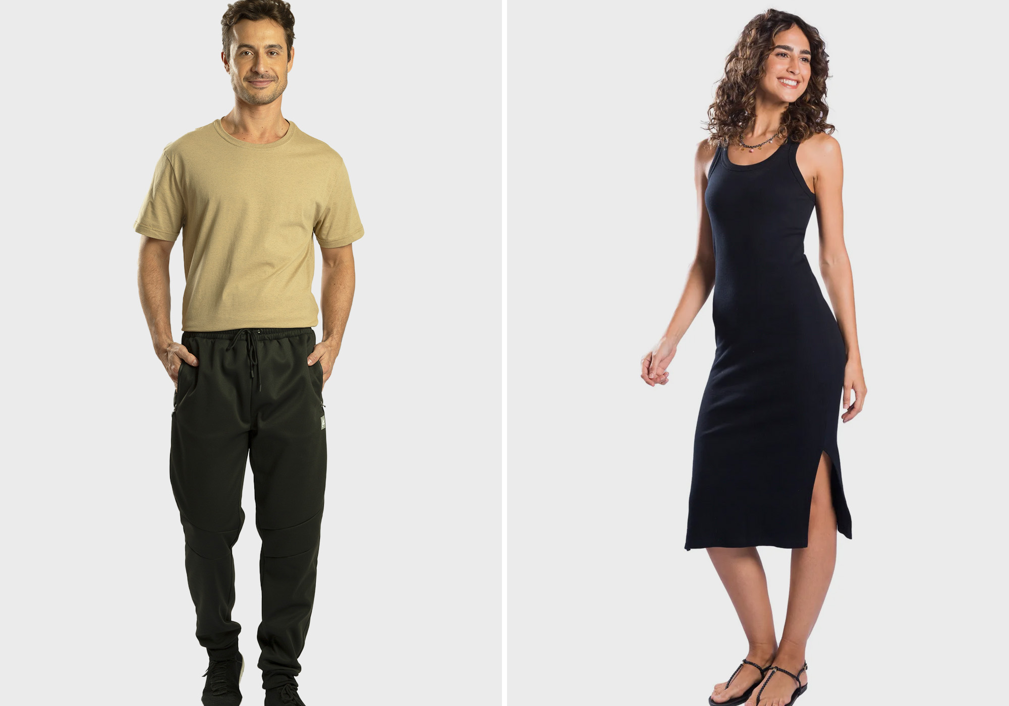 Conjunto masculino e feminino de roupas casuais