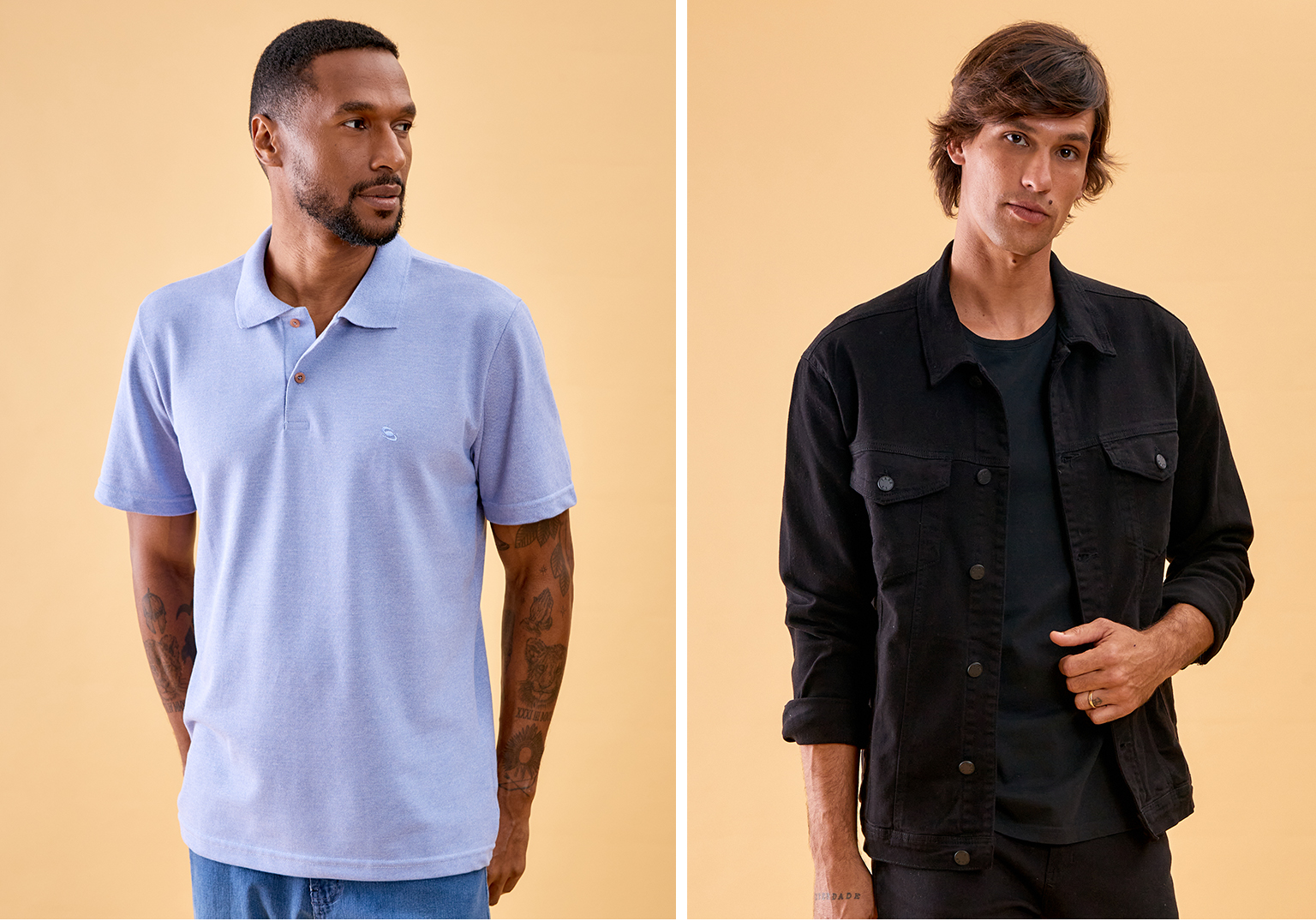 Homens usando polo azul e jaqueta preta