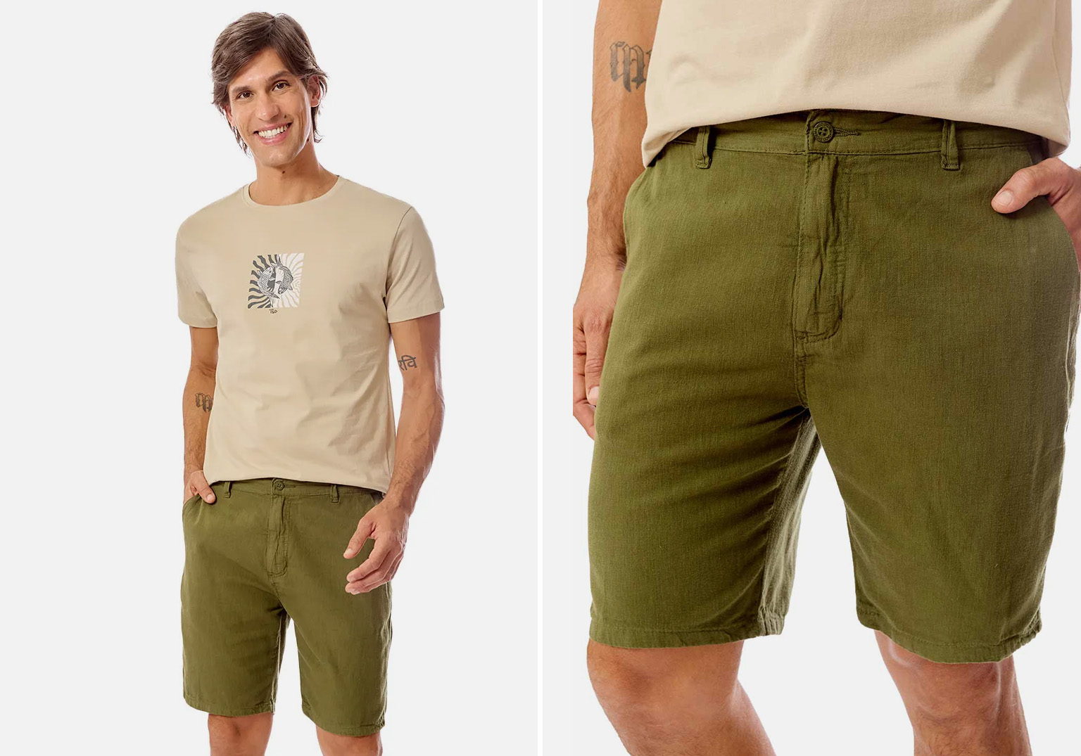 Homem sorrindo com camiseta clara e shorts verdes