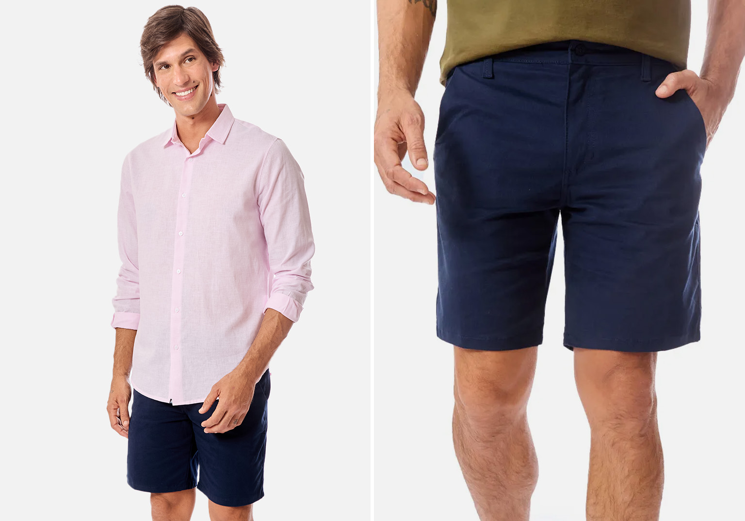Homem vestido com camisa rosa e shorts escuros