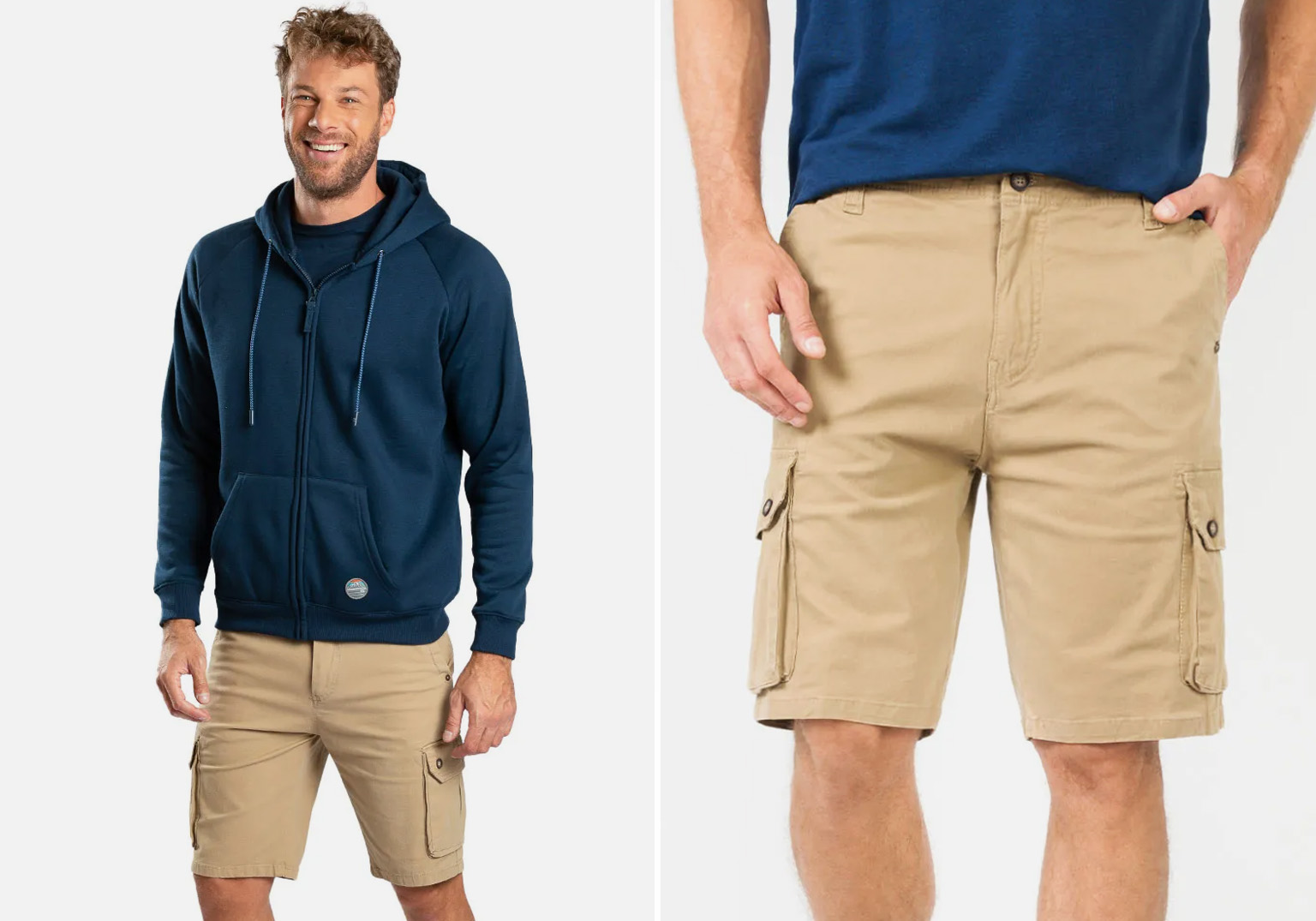 Homem com moletom azul e shorts bege casual