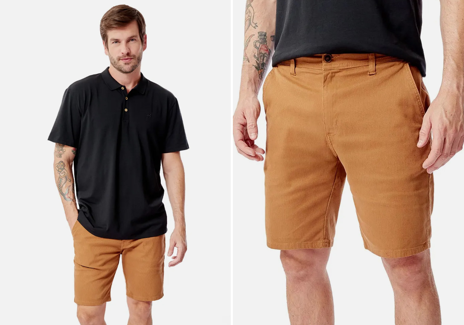 Homem usando camisa preta e shorts marrons
