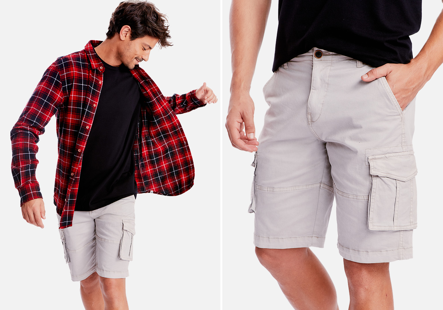 Homem vestindo camisa xadrez e bermuda cinza