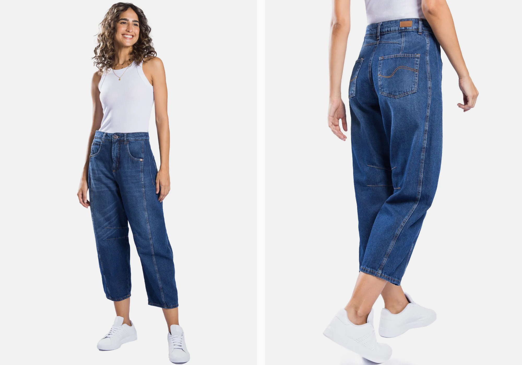 Modelo usando calça jeans oversized e camiseta branca