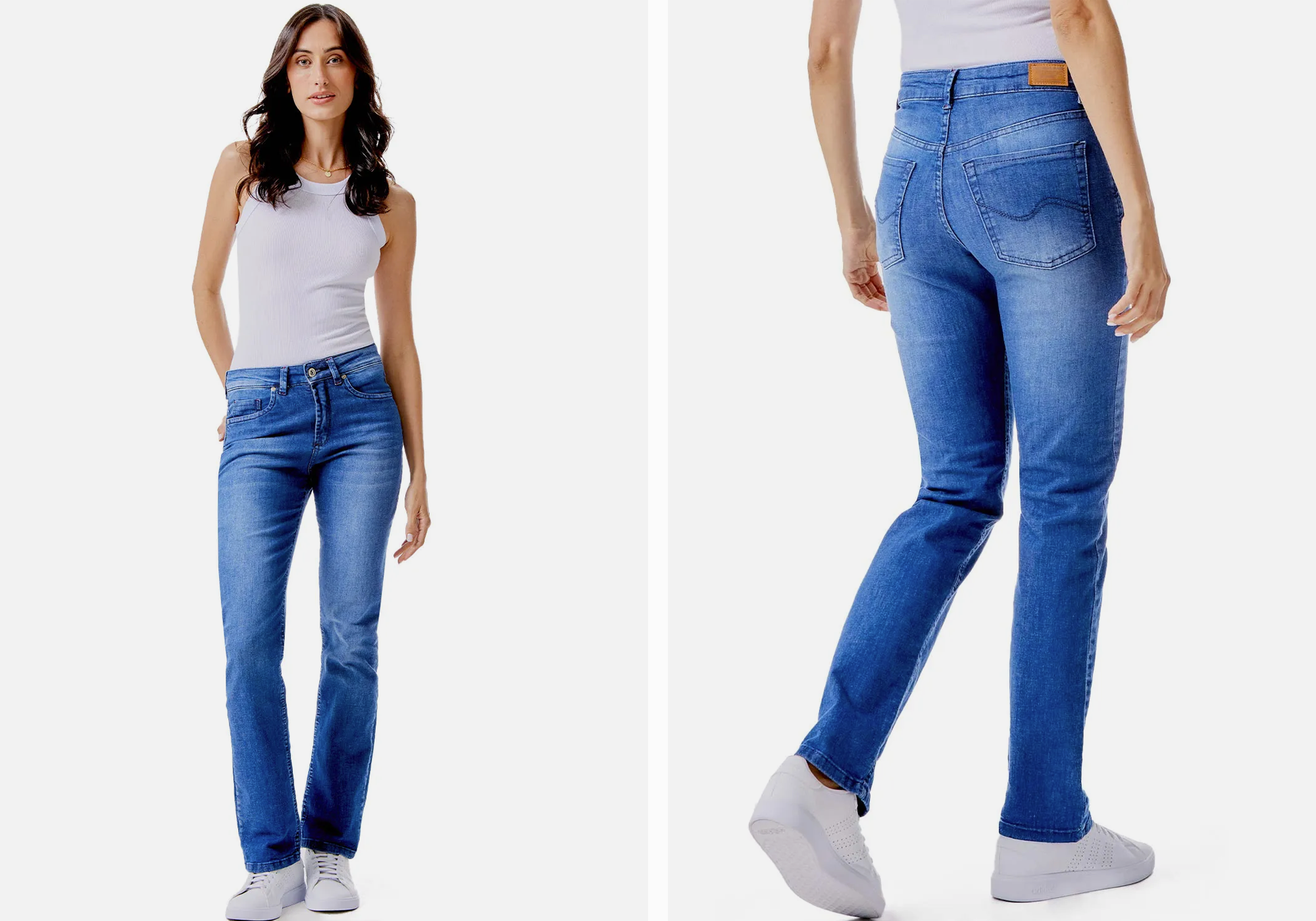 Modelo feminino usando calça jeans azul clara