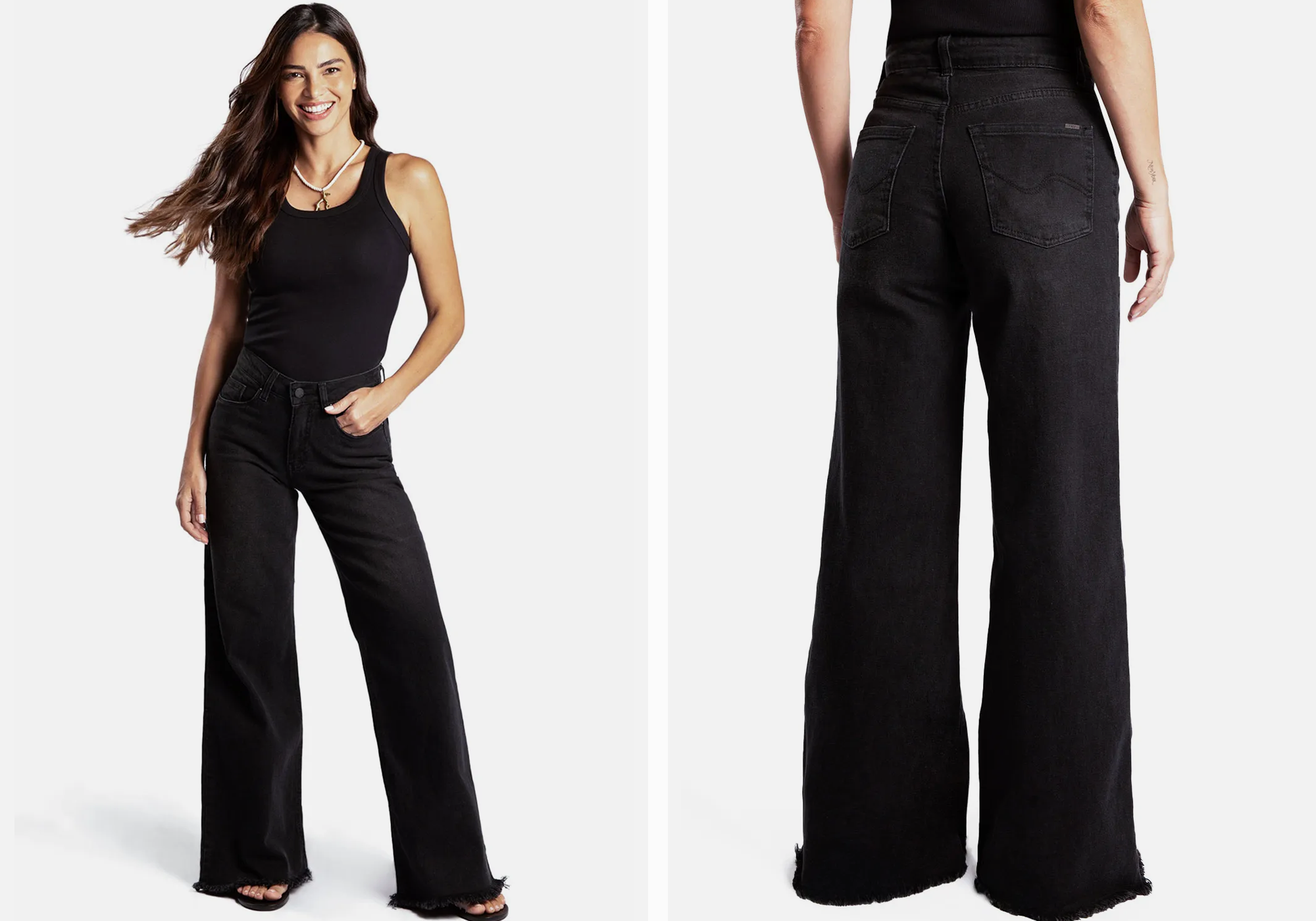 Modelo usando calça jeans preta de cintura alta