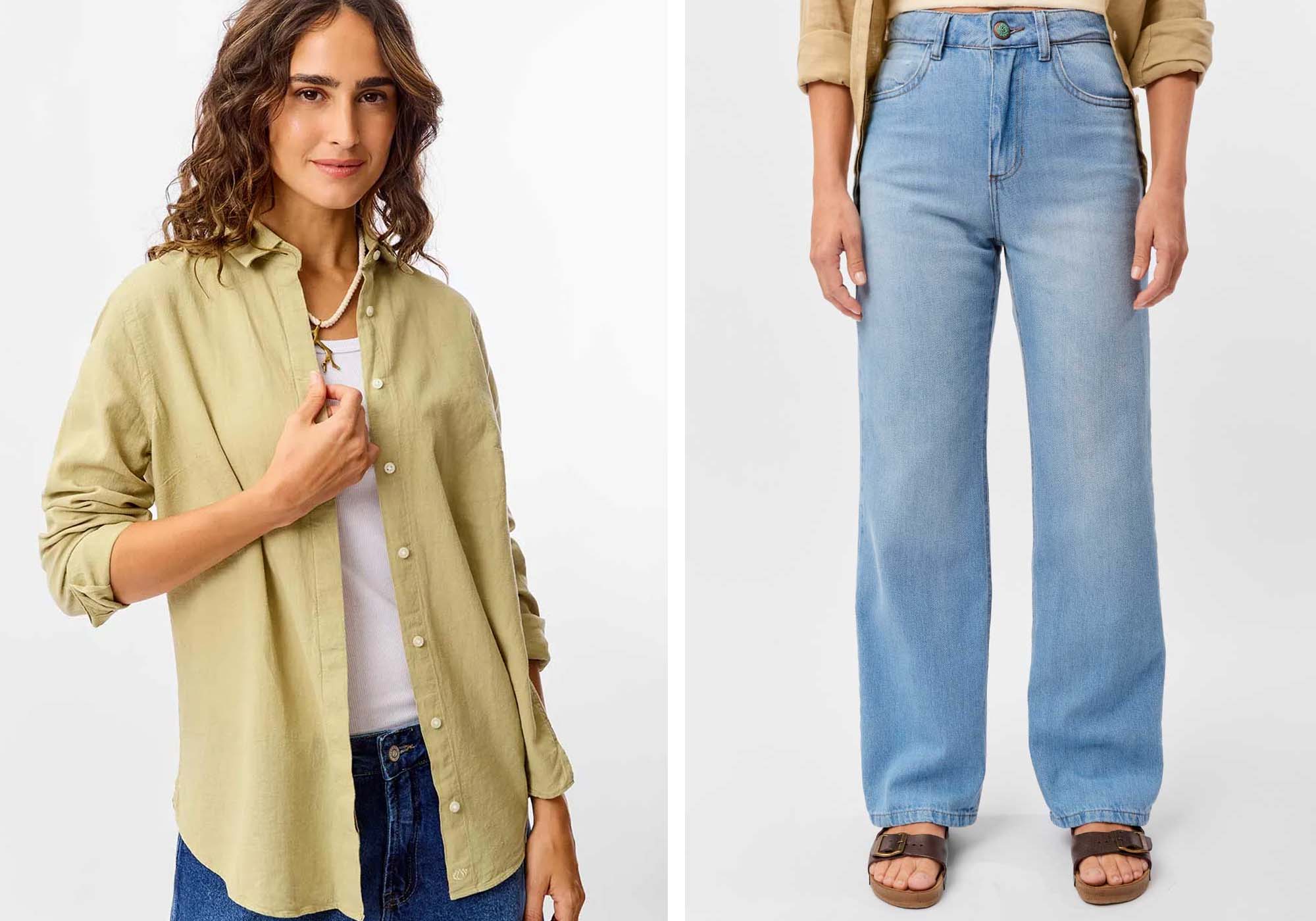 Mulher usando camisa verde e jeans claros